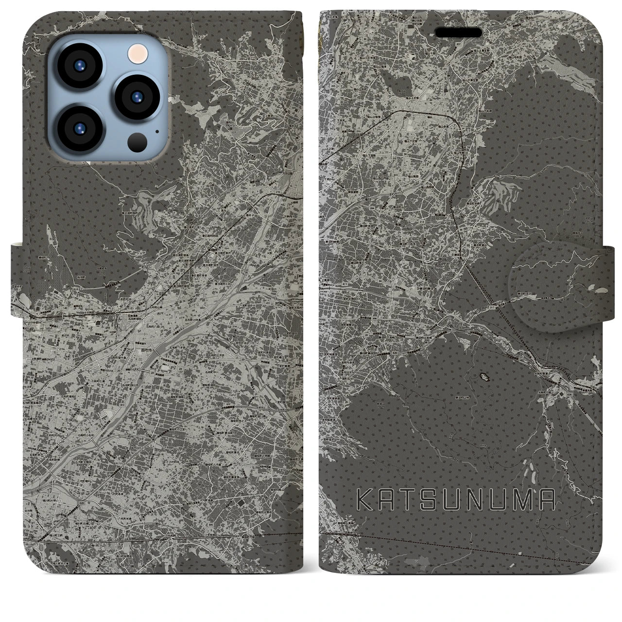 【勝沼(山梨県)】地図柄iPhoneケース(手帳タイプ)モノトーン・iPhone 13 Pro Max 用