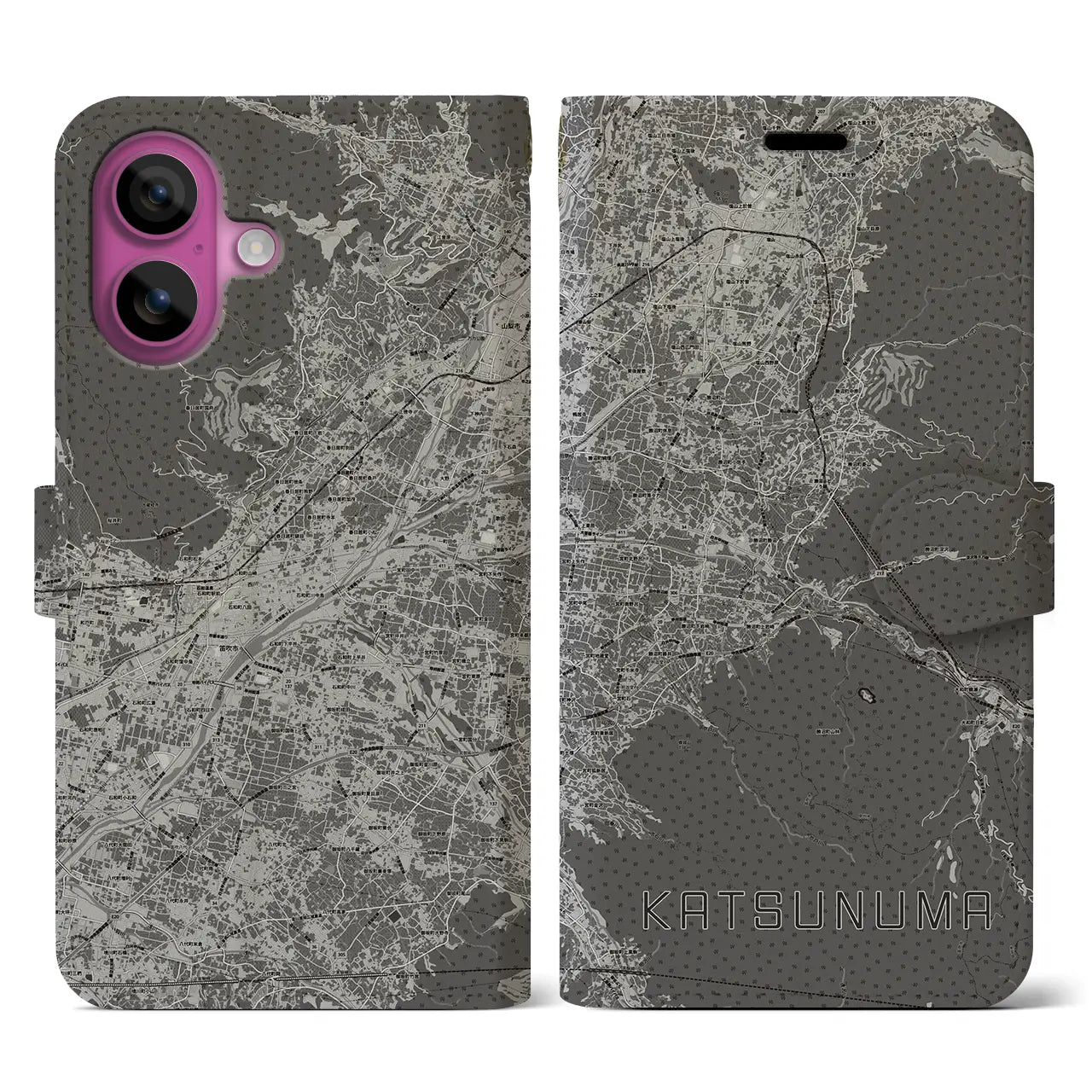 【勝沼(山梨県)】地図柄iPhoneケース(手帳タイプ)モノトーン・iPhone 16 Pro 用
