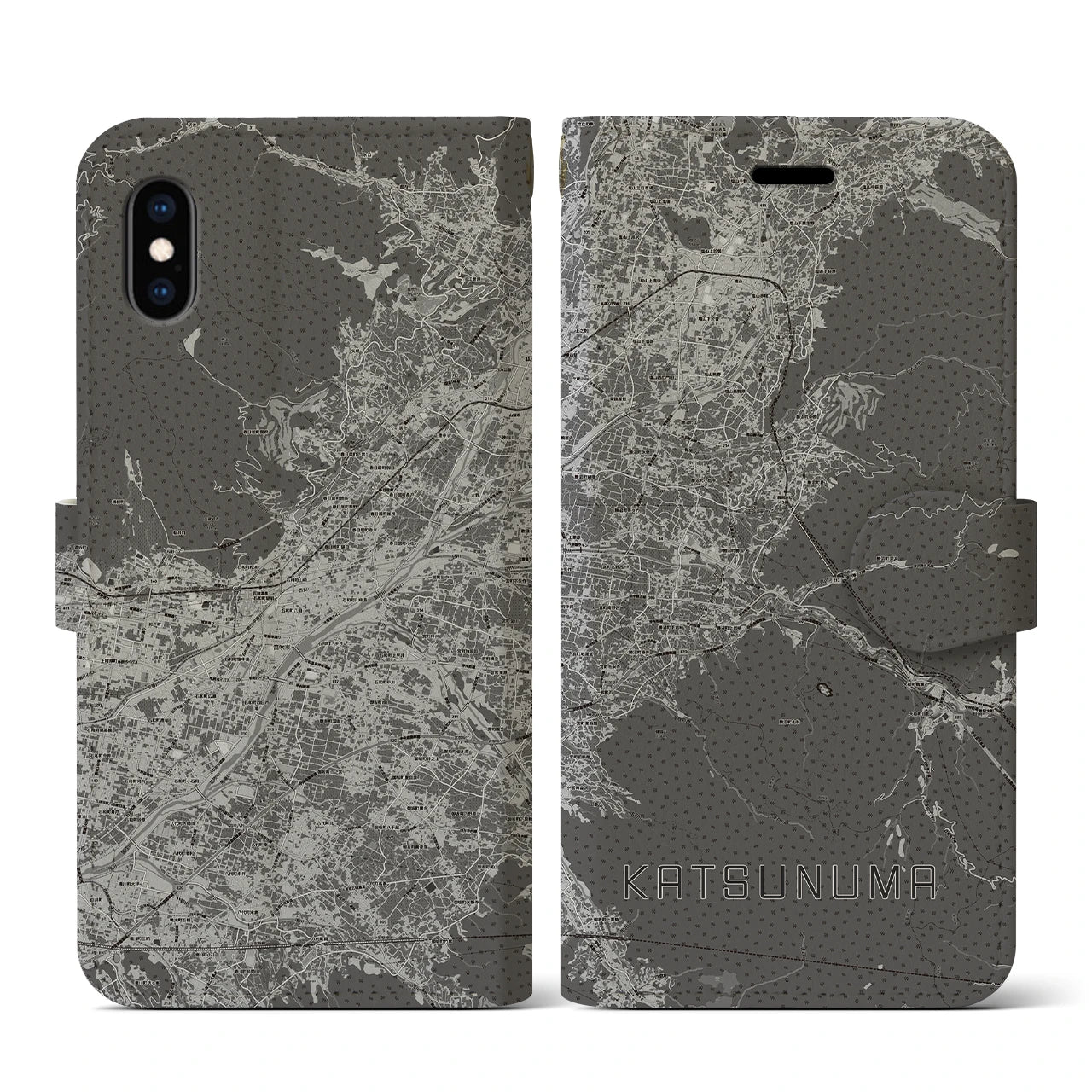 【勝沼(山梨県)】地図柄iPhoneケース(手帳タイプ)モノトーン・iPhone XS / X 用