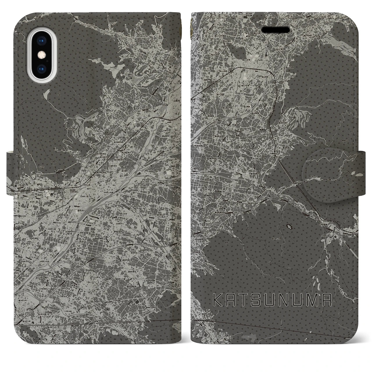 【勝沼(山梨県)】地図柄iPhoneケース(手帳タイプ)モノトーン・iPhone XS Max 用