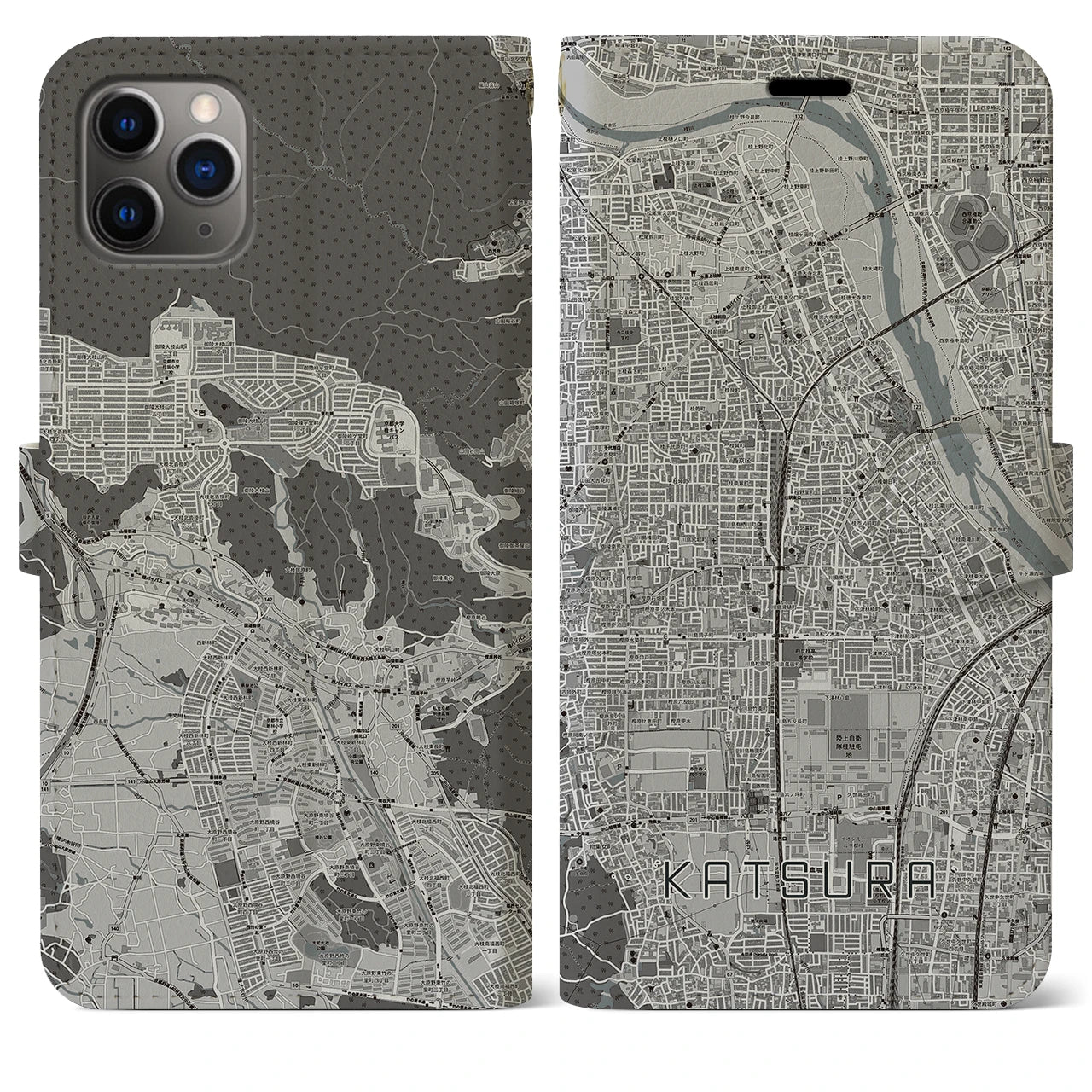 【桂(京都府)】地図柄iPhoneケース(手帳タイプ)モノトーン・iPhone 11 Pro Max 用
