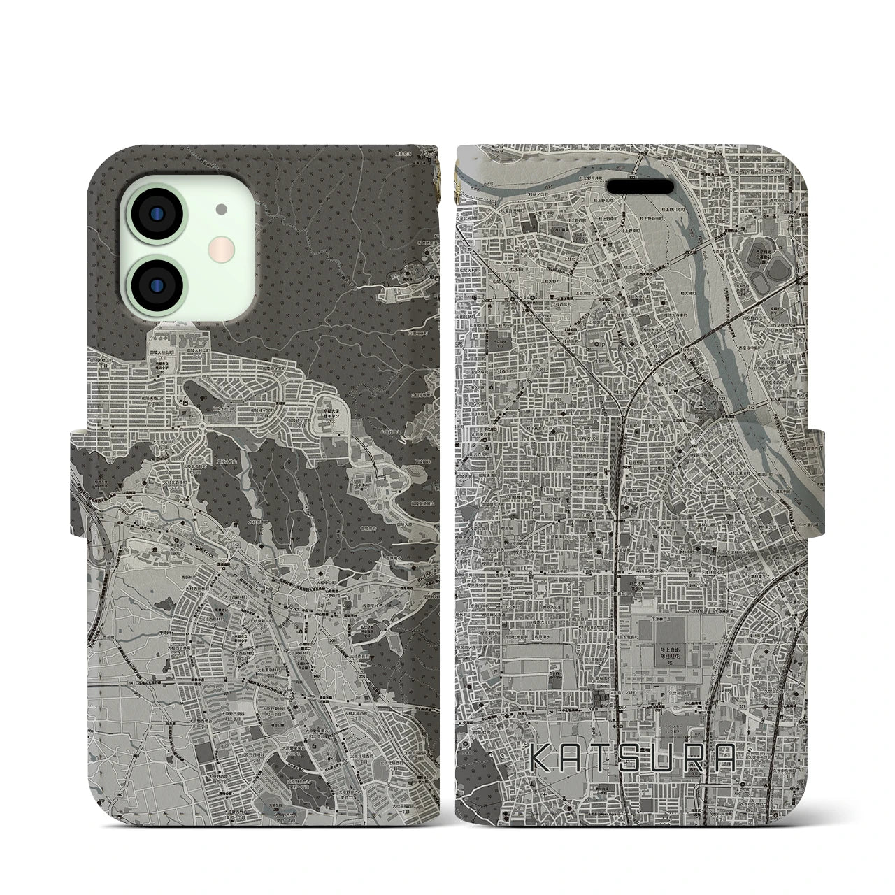 【桂(京都府)】地図柄iPhoneケース(手帳タイプ)モノトーン・iPhone 12 mini 用