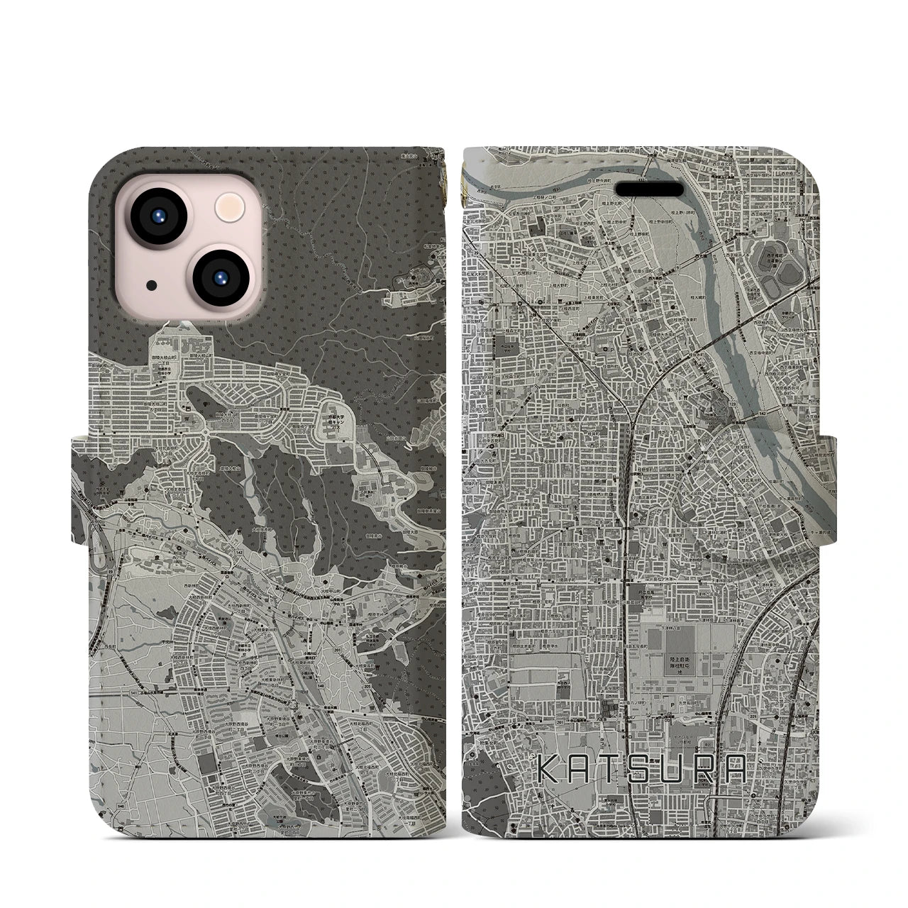 【桂(京都府)】地図柄iPhoneケース(手帳タイプ)モノトーン・iPhone 13 mini 用