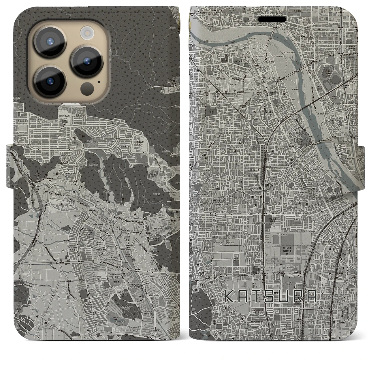 【桂(京都府)】地図柄iPhoneケース(手帳タイプ)モノトーン・iPhone 14 Pro Max 用