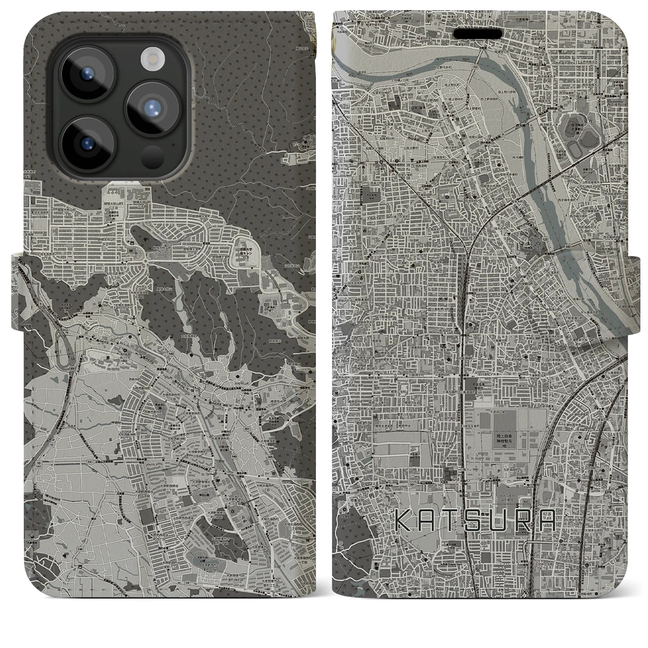 【桂(京都府)】地図柄iPhoneケース(手帳タイプ)モノトーン・iPhone 15 Pro Max 用