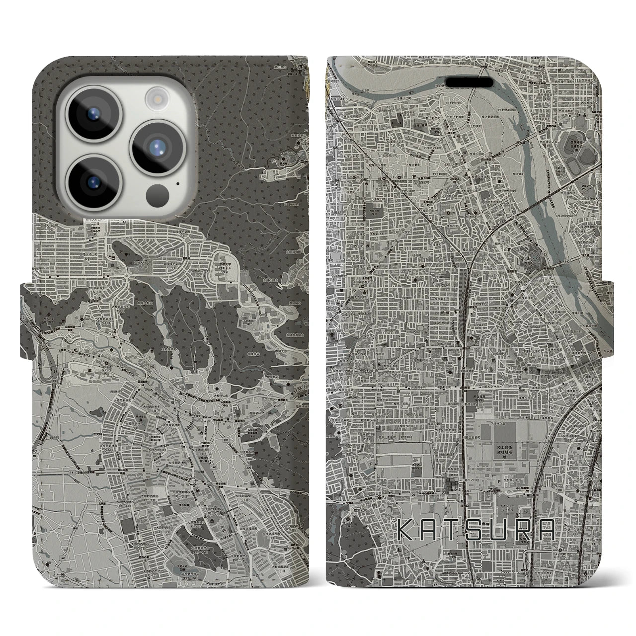 【桂(京都府)】地図柄iPhoneケース(手帳タイプ)モノトーン・iPhone 15 Pro 用
