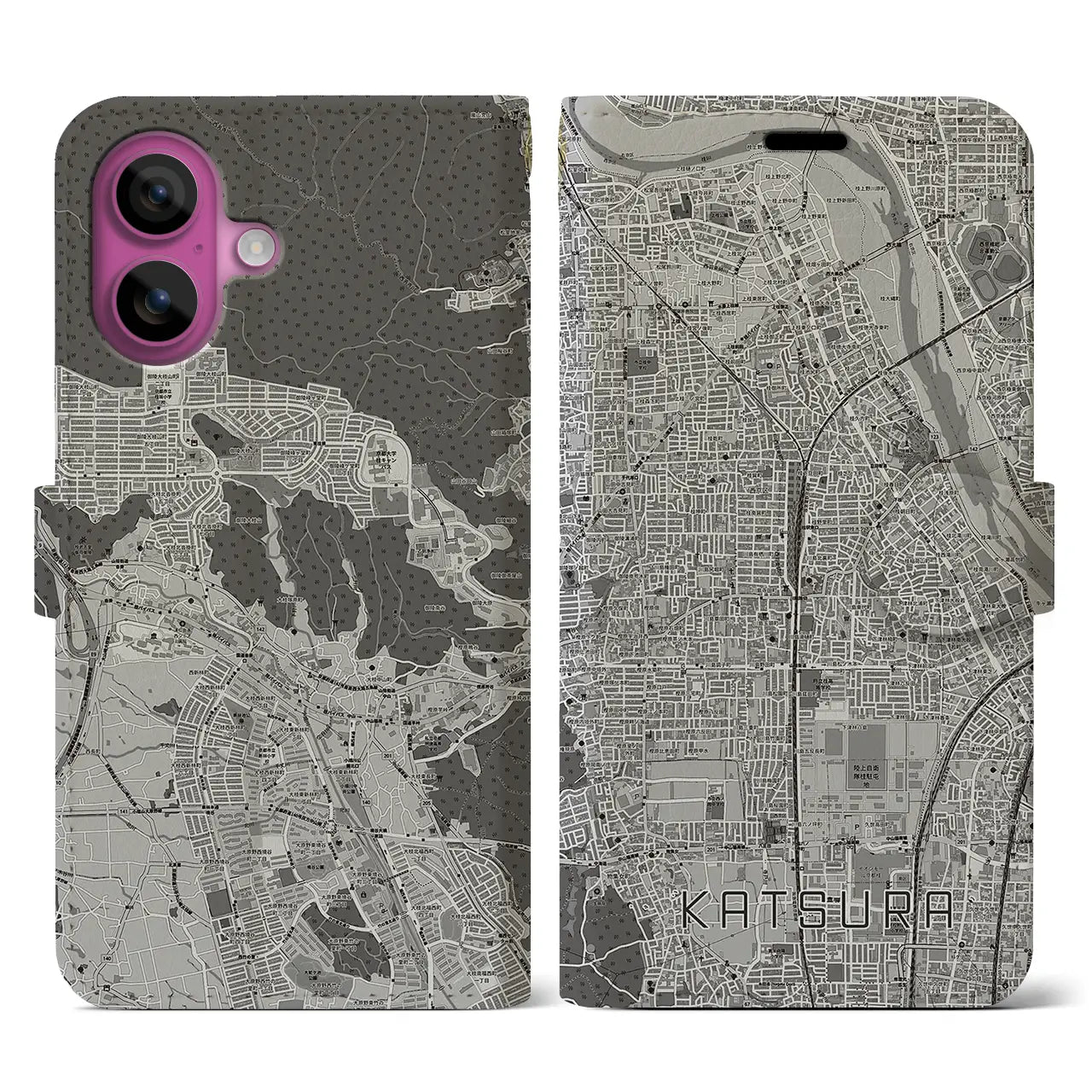 【桂(京都府)】地図柄iPhoneケース(手帳タイプ)モノトーン・iPhone 16 Pro 用