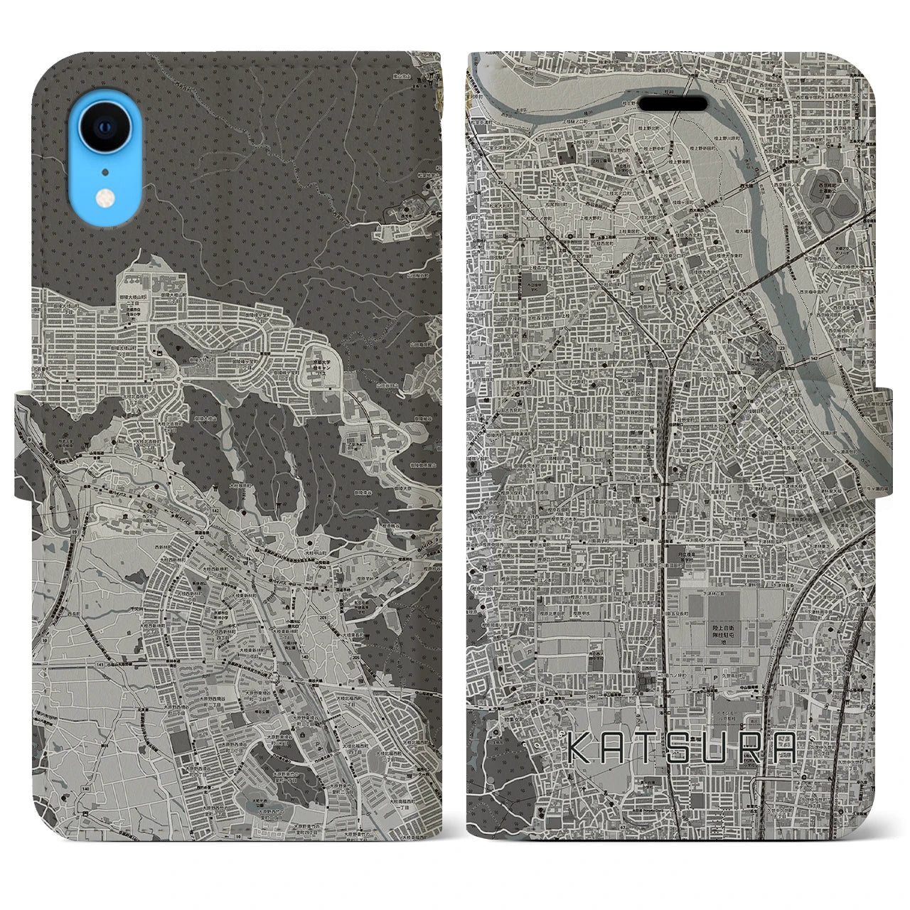 【桂(京都府)】地図柄iPhoneケース(手帳タイプ)モノトーン・iPhone XR 用