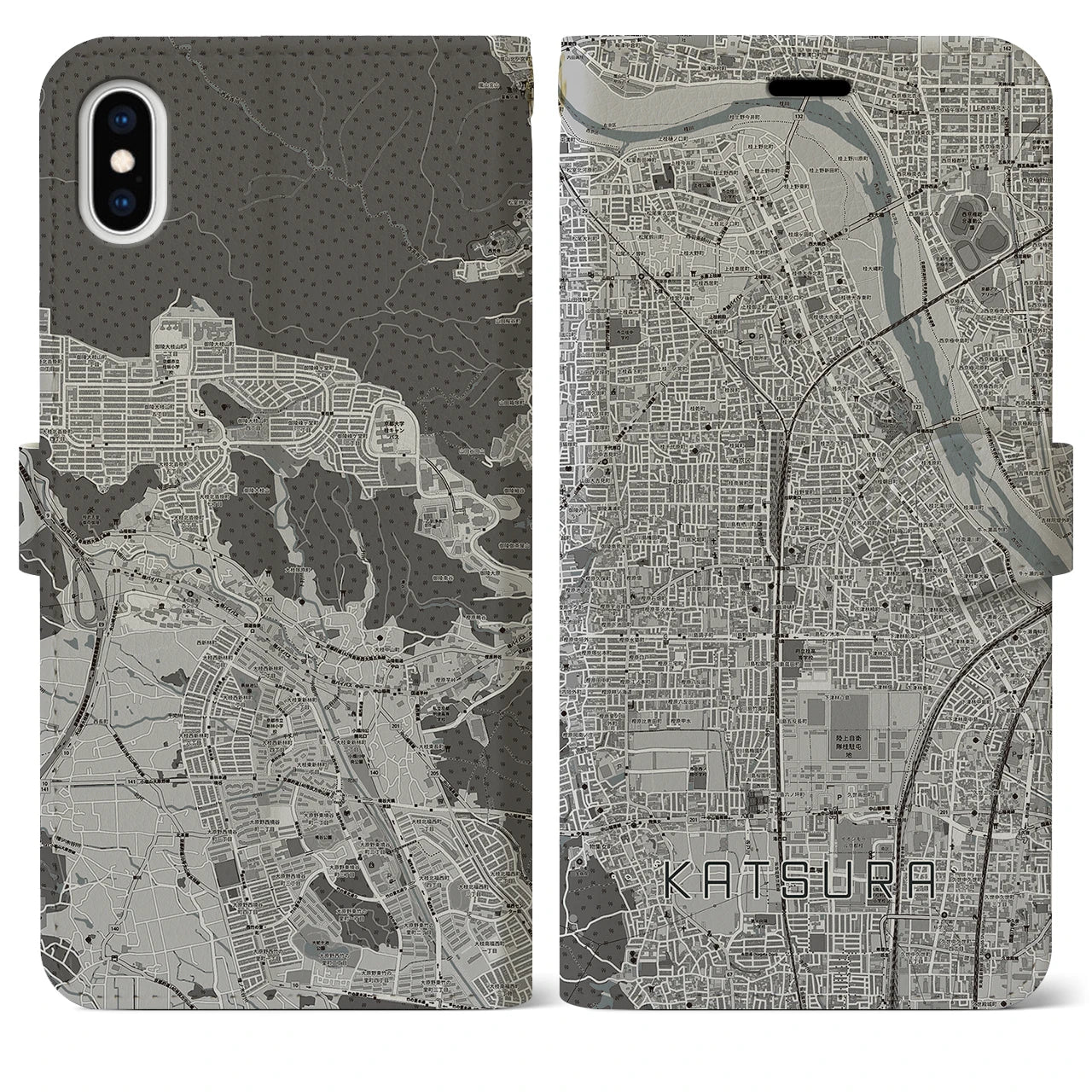 【桂(京都府)】地図柄iPhoneケース(手帳タイプ)モノトーン・iPhone XS Max 用