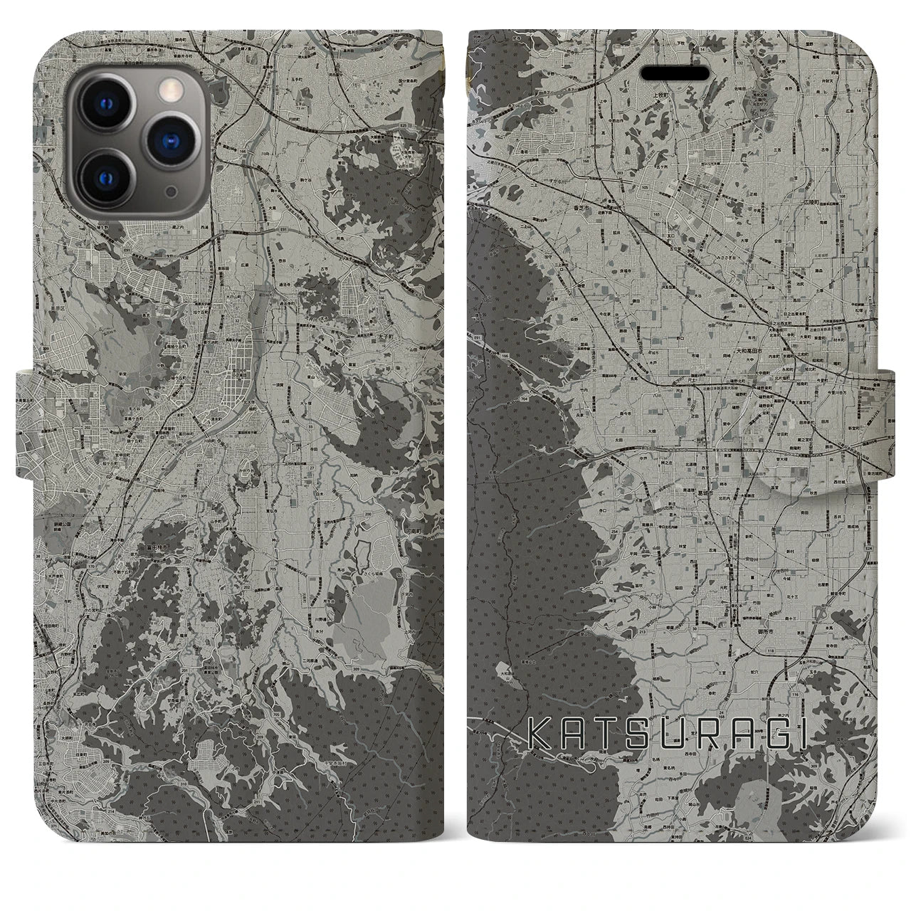 【葛城(奈良県)】地図柄iPhoneケース(手帳タイプ)モノトーン・iPhone 11 Pro Max 用