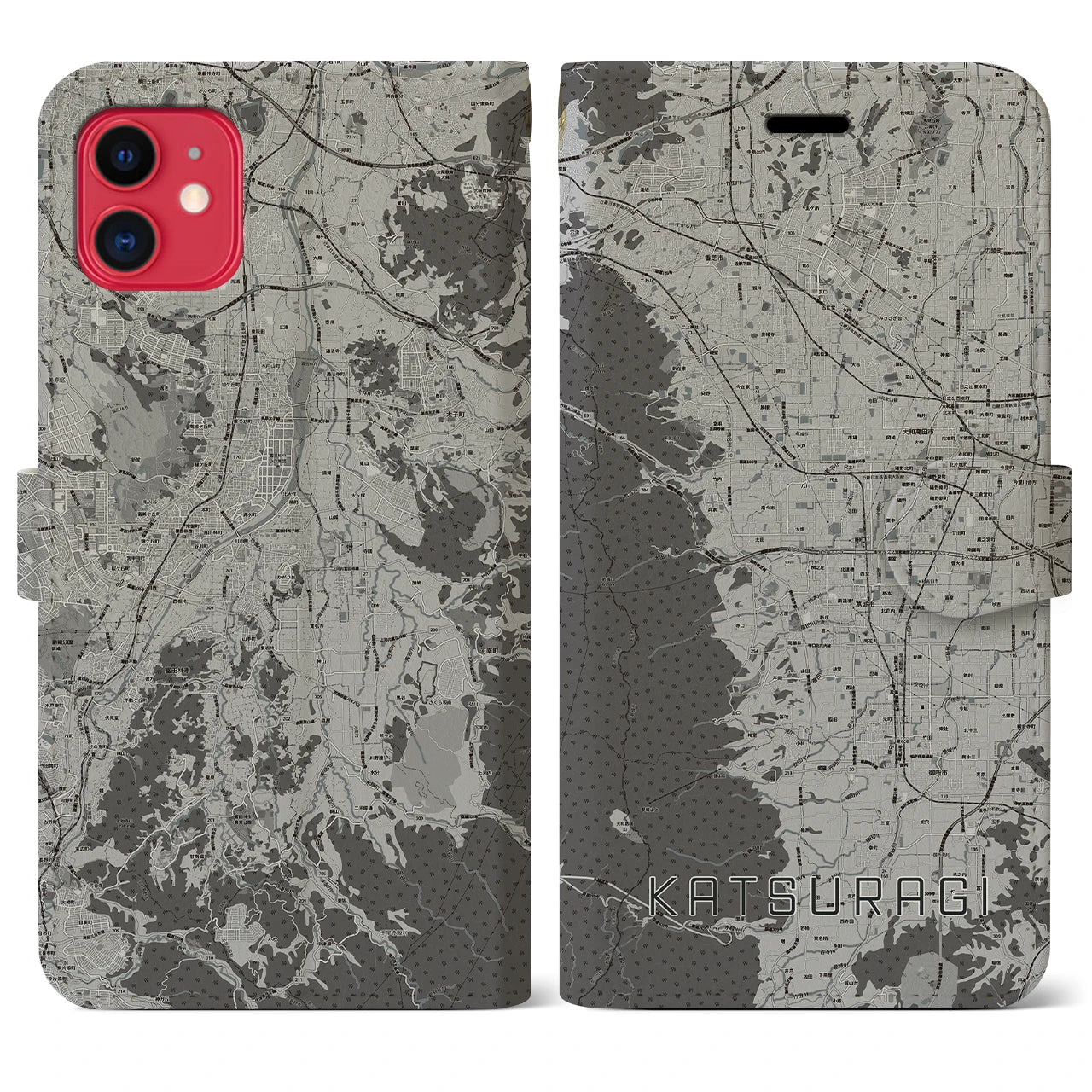 【葛城(奈良県)】地図柄iPhoneケース(手帳タイプ)モノトーン・iPhone 11 用