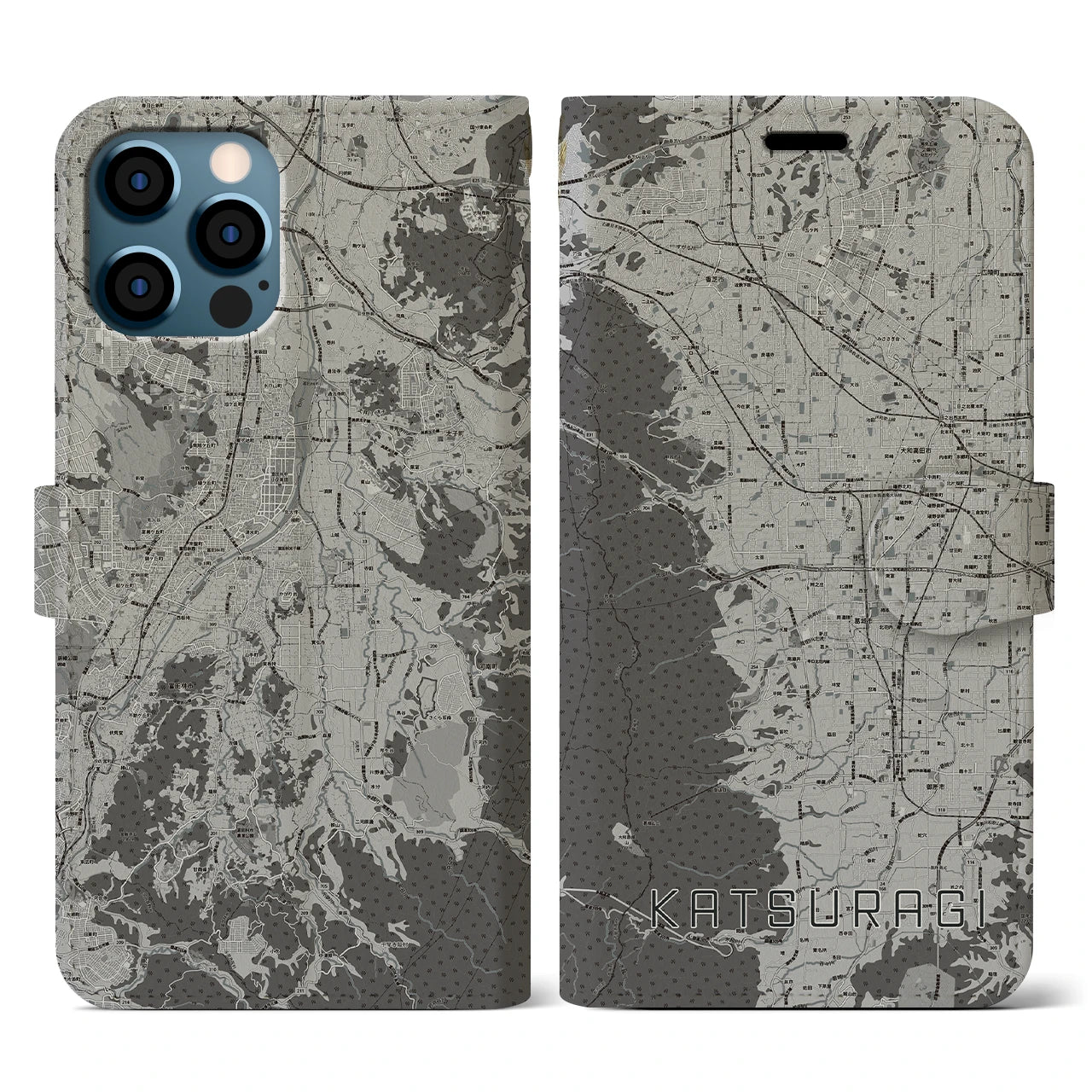 【葛城(奈良県)】地図柄iPhoneケース(手帳タイプ)モノトーン・iPhone 12 / 12 Pro 用