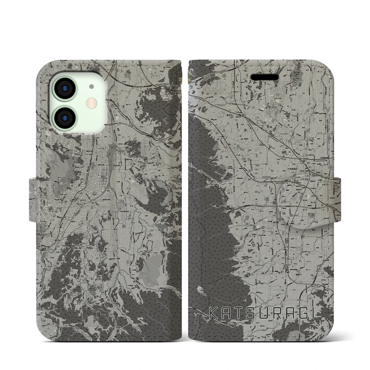 【葛城(奈良県)】地図柄iPhoneケース(手帳タイプ)モノトーン・iPhone 12 mini 用