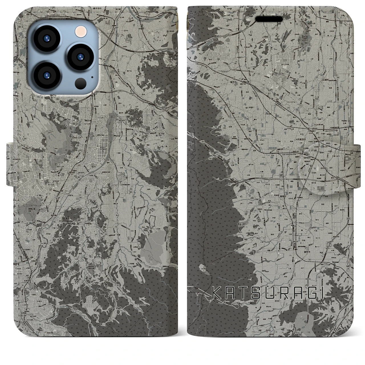 【葛城(奈良県)】地図柄iPhoneケース(手帳タイプ)モノトーン・iPhone 13 Pro Max 用