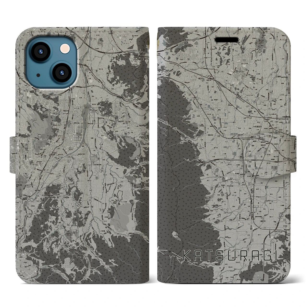 【葛城(奈良県)】地図柄iPhoneケース(手帳タイプ)モノトーン・iPhone 13 用