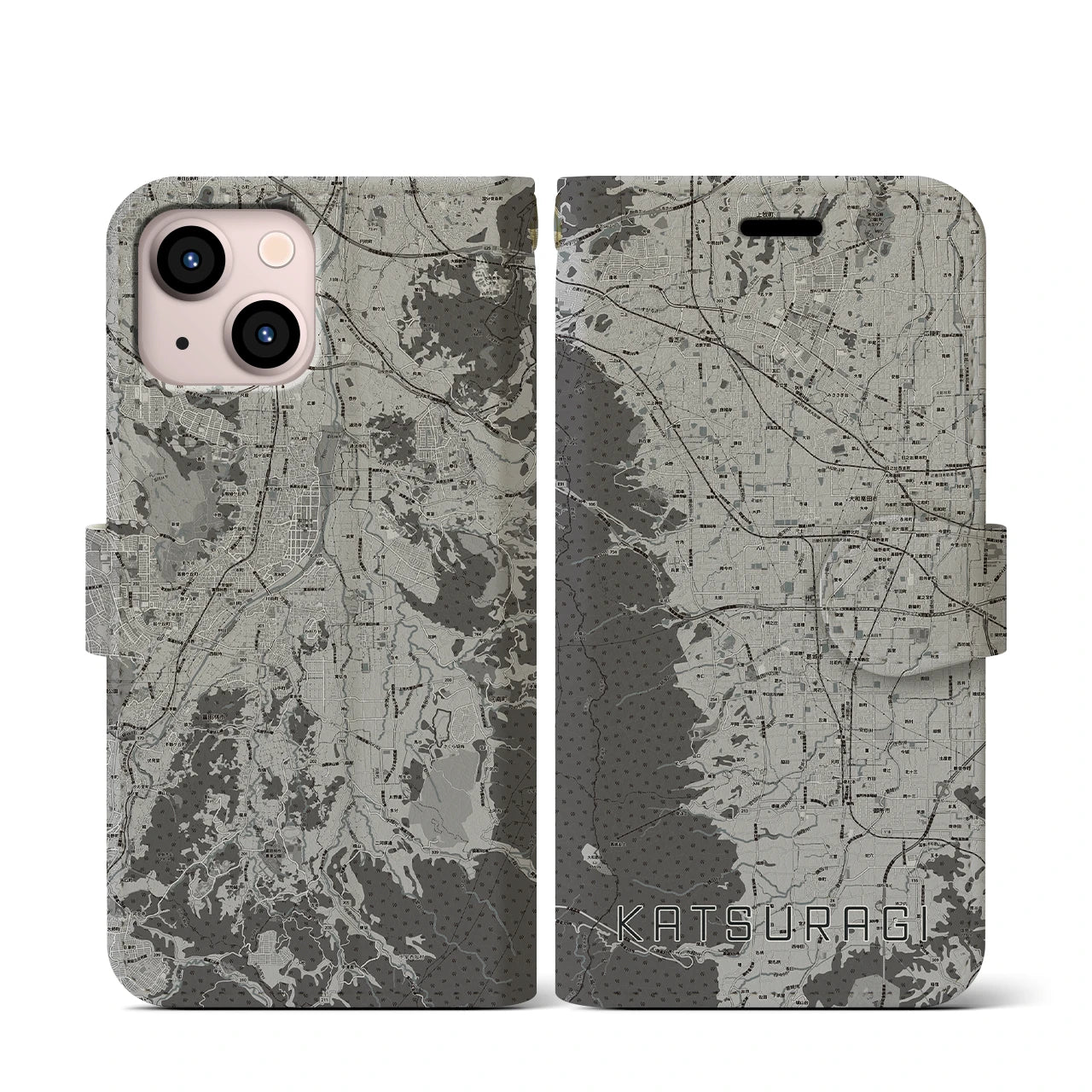【葛城(奈良県)】地図柄iPhoneケース(手帳タイプ)モノトーン・iPhone 13 mini 用