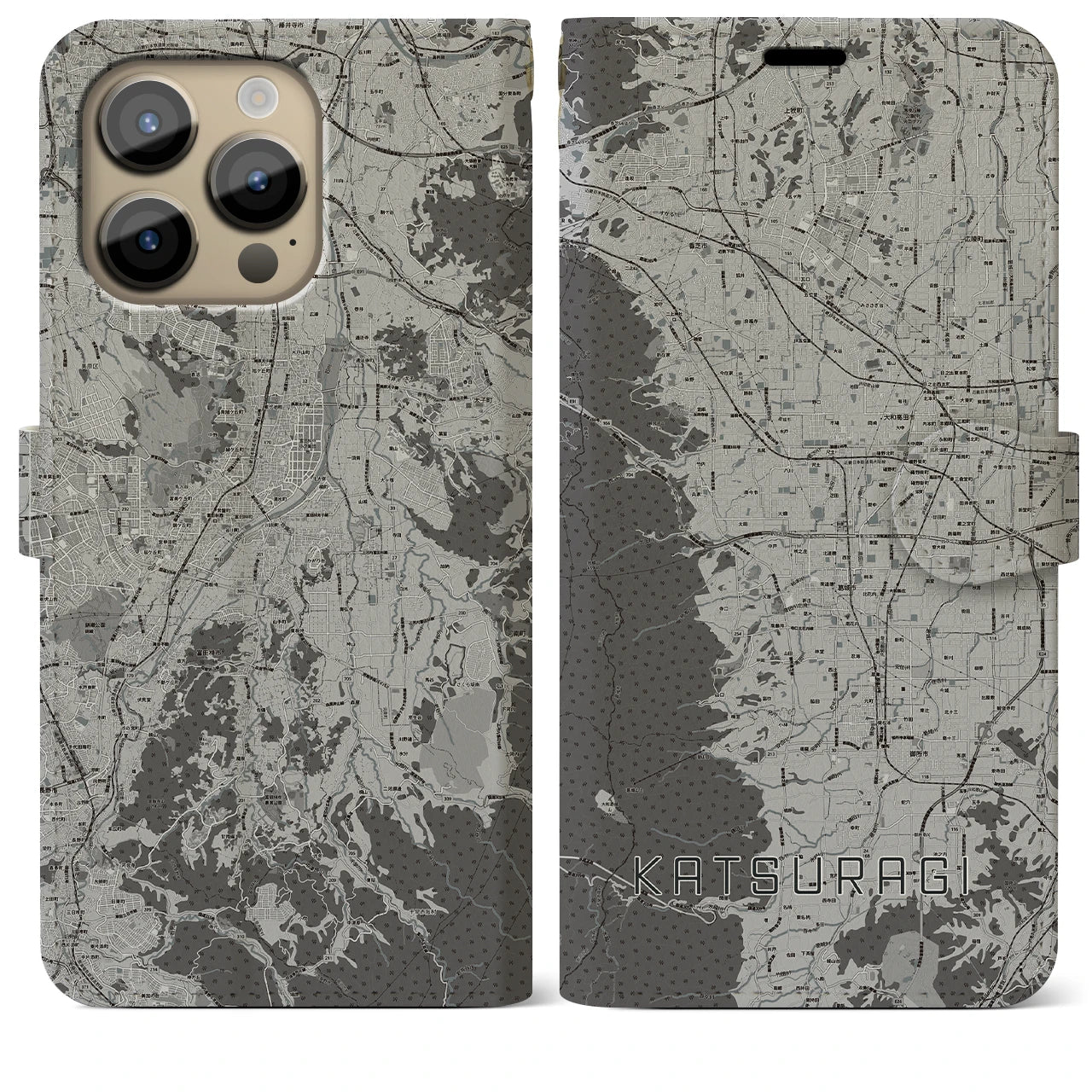 【葛城(奈良県)】地図柄iPhoneケース(手帳タイプ)モノトーン・iPhone 14 Pro Max 用