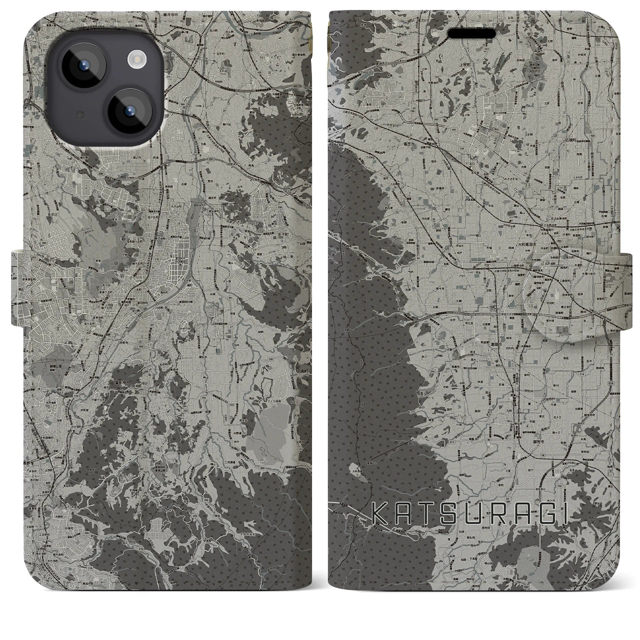 【葛城(奈良県)】地図柄iPhoneケース(手帳タイプ)モノトーン・iPhone 14 Plus 用