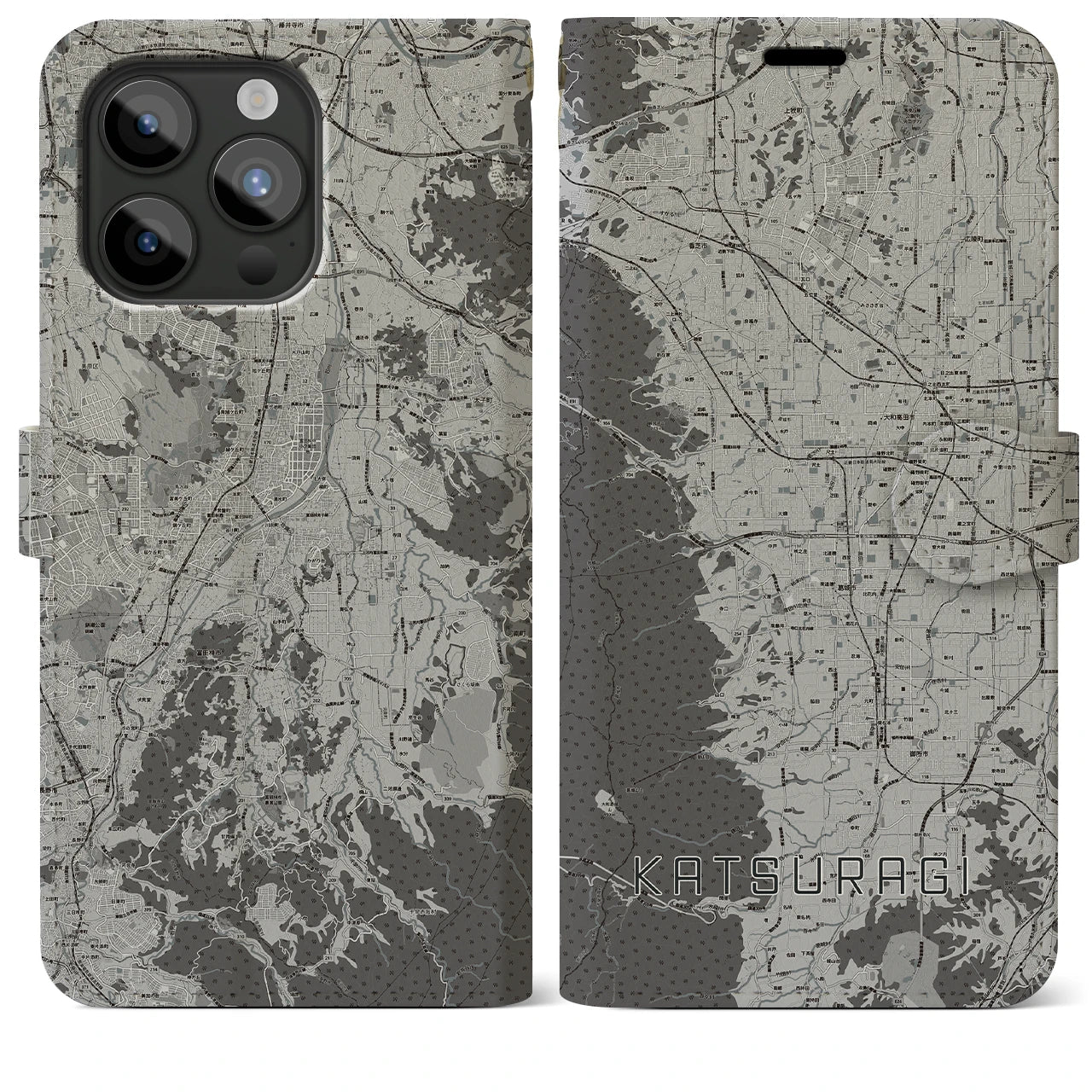 【葛城(奈良県)】地図柄iPhoneケース(手帳タイプ)モノトーン・iPhone 15 Pro Max 用