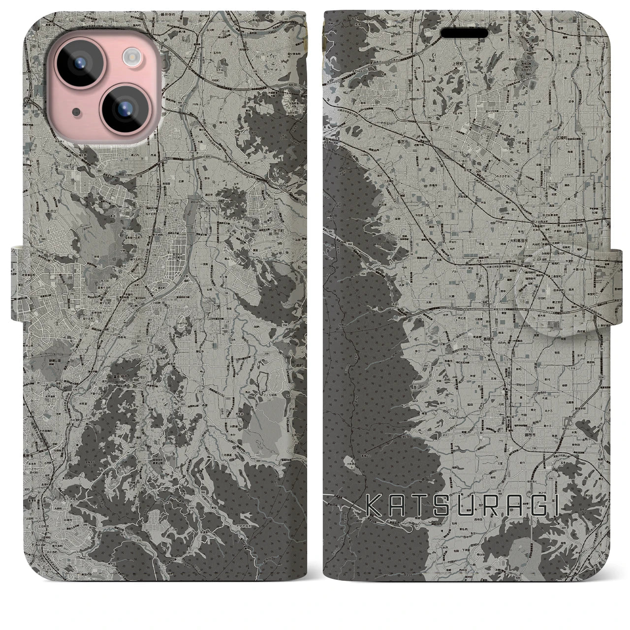 【葛城(奈良県)】地図柄iPhoneケース(手帳タイプ)モノトーン・iPhone 15 Plus 用