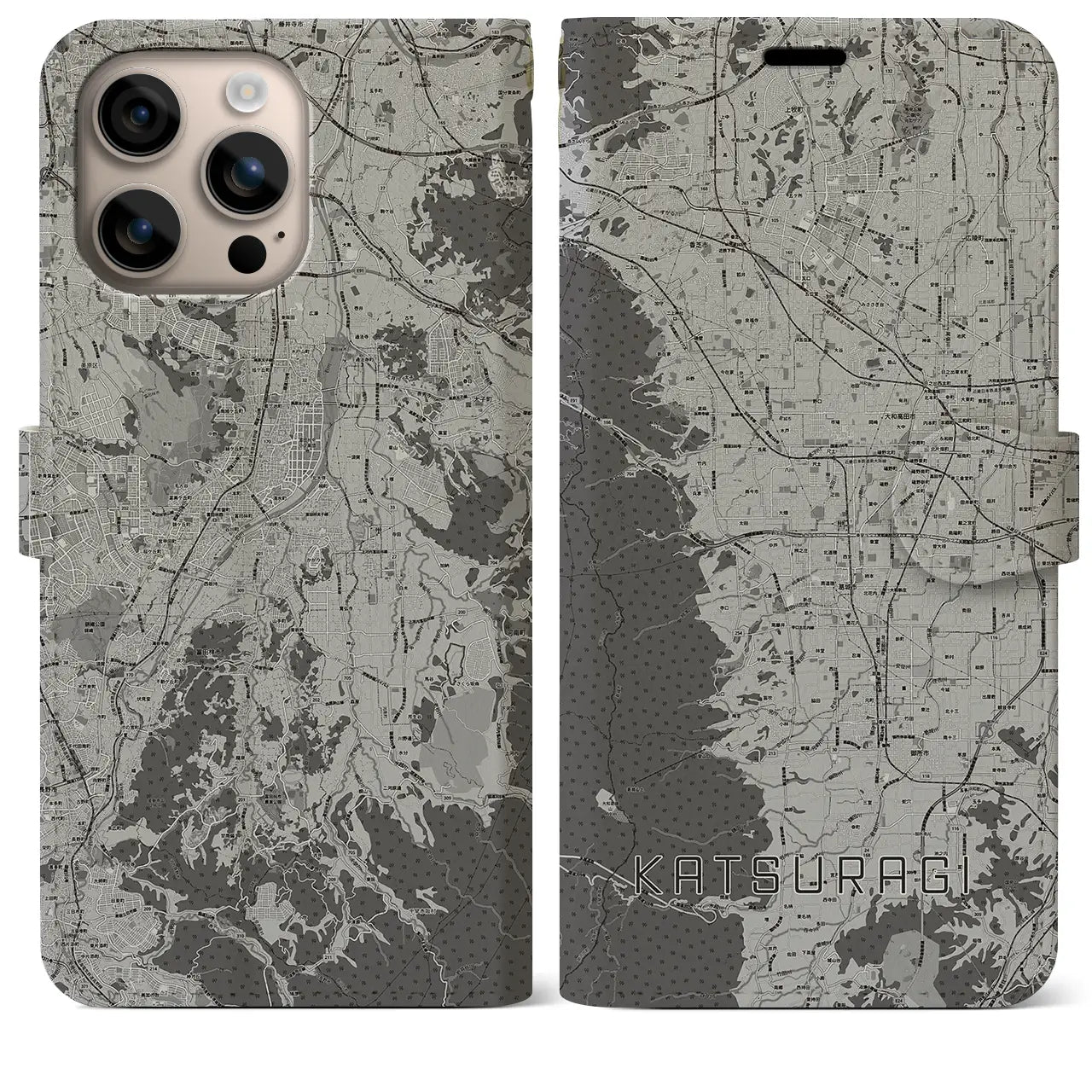 【葛城(奈良県)】地図柄iPhoneケース(手帳タイプ)モノトーン・iPhone 16 Plus 用