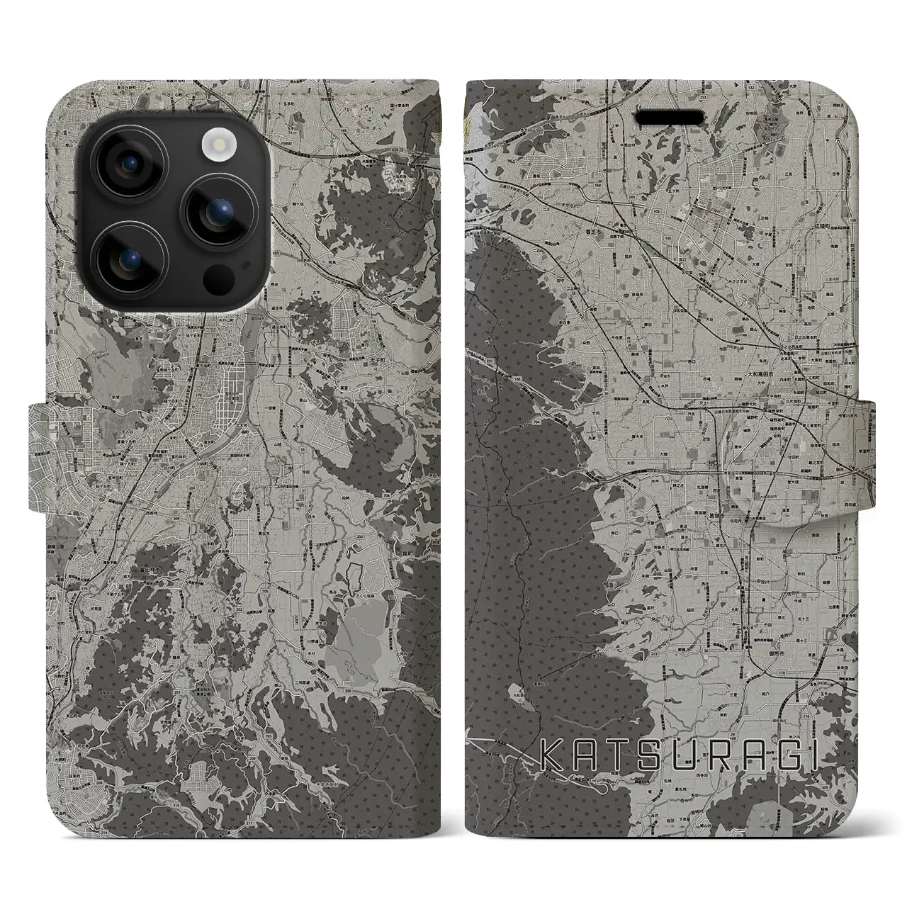 【葛城(奈良県)】地図柄iPhoneケース(手帳タイプ)モノトーン・iPhone 16 用