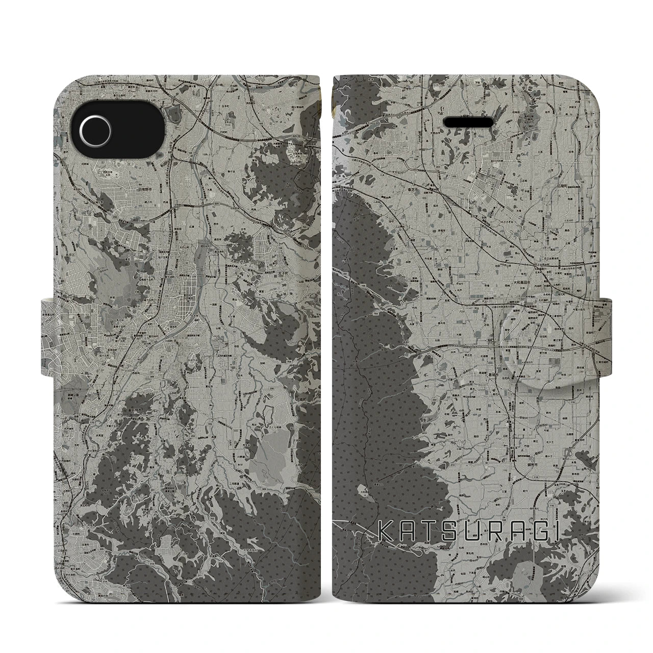 【葛城(奈良県)】地図柄iPhoneケース(手帳タイプ)モノトーン・iPhone SE(第3 / 第2世代) / 8 / 7 / 6s / 6 用