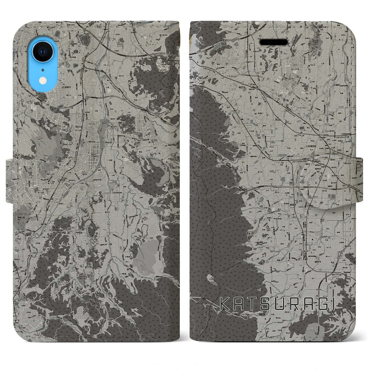 【葛城(奈良県)】地図柄iPhoneケース(手帳タイプ)モノトーン・iPhone XR 用