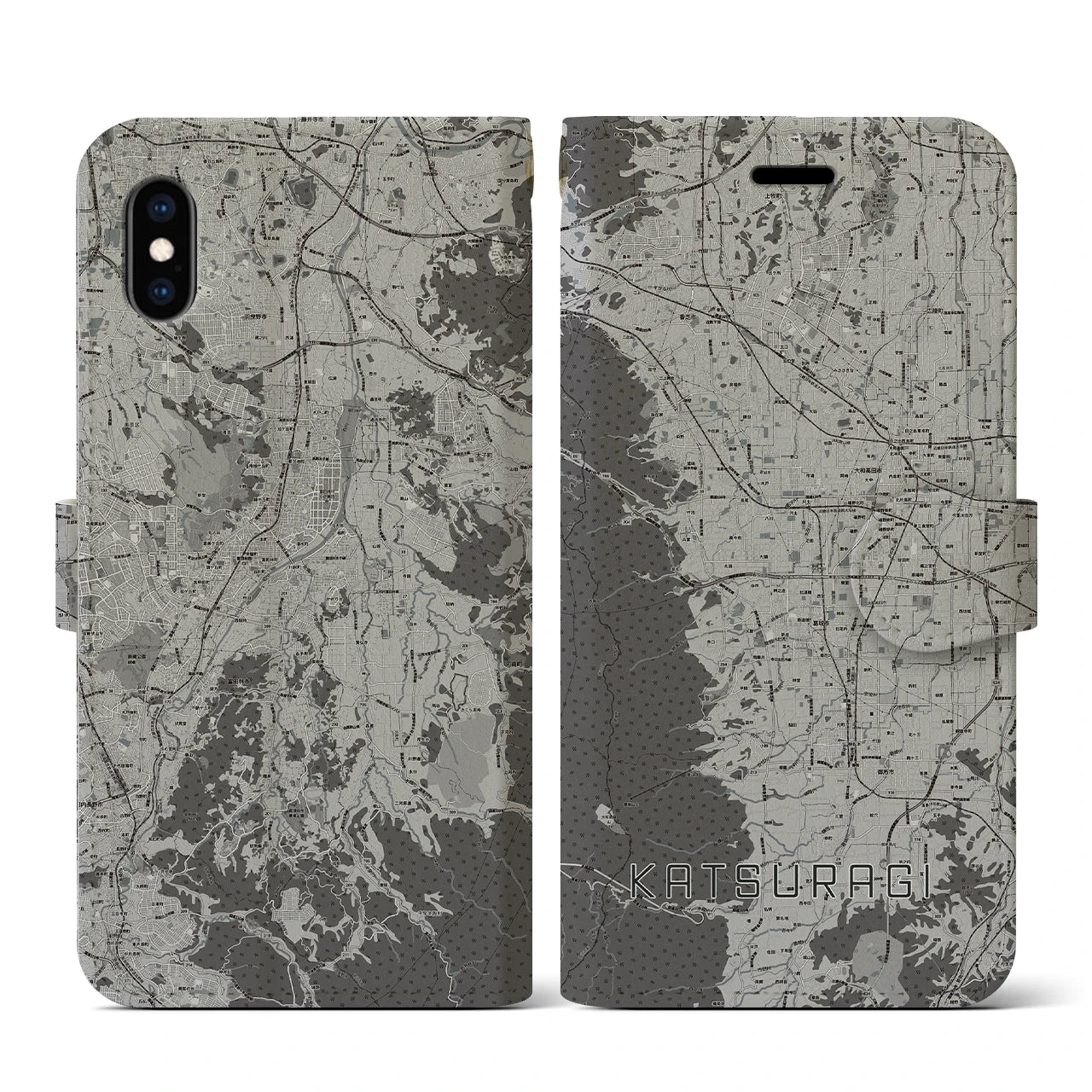 【葛城(奈良県)】地図柄iPhoneケース(手帳タイプ)モノトーン・iPhone XS / X 用