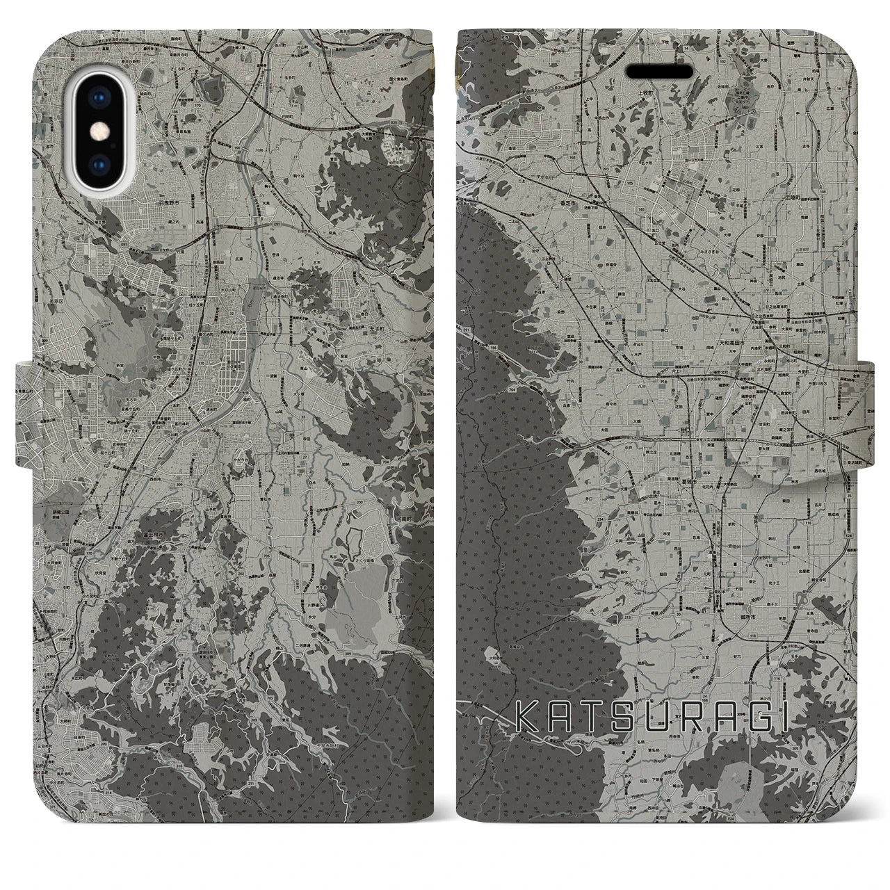 【葛城(奈良県)】地図柄iPhoneケース(手帳タイプ)モノトーン・iPhone XS Max 用