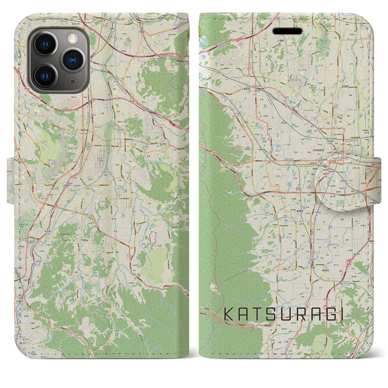 【葛城(奈良県)】地図柄iPhoneケース(手帳タイプ)ナチュラル・iPhone 11 Pro Max 用