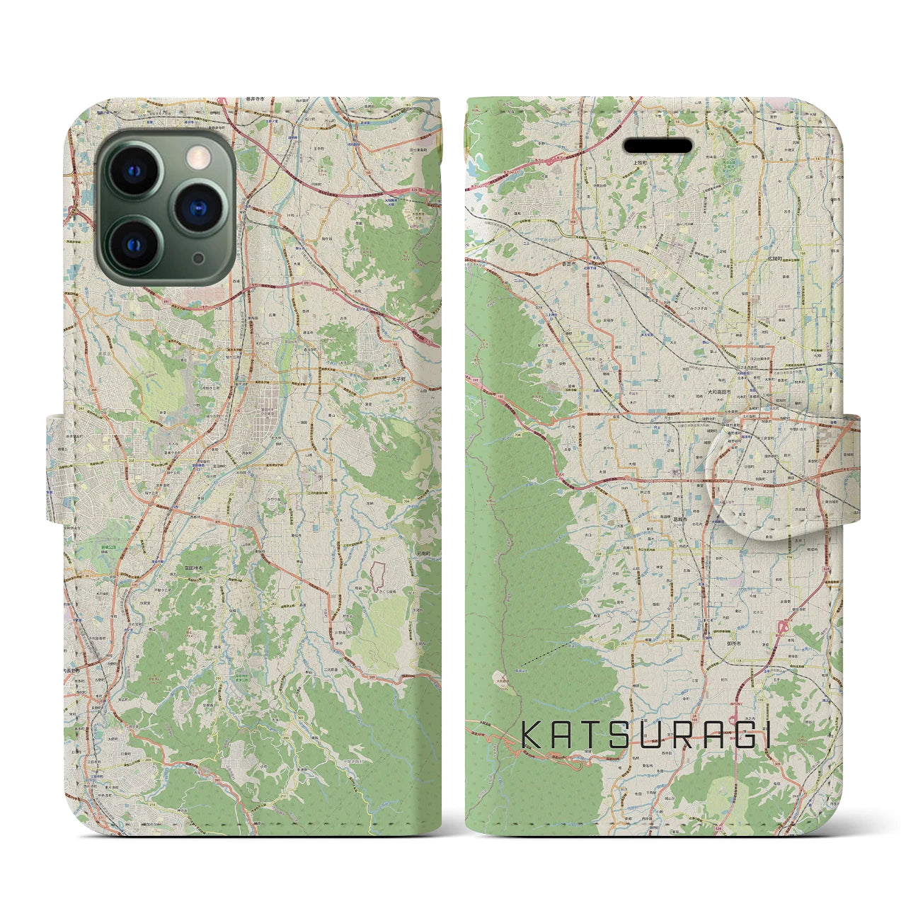 【葛城(奈良県)】地図柄iPhoneケース(手帳タイプ)ナチュラル・iPhone 11 Pro 用