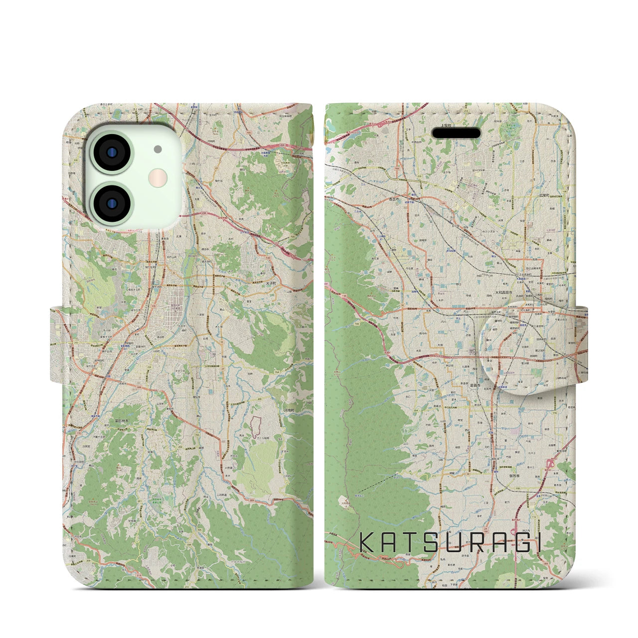 【葛城(奈良県)】地図柄iPhoneケース(手帳タイプ)ナチュラル・iPhone 12 mini 用