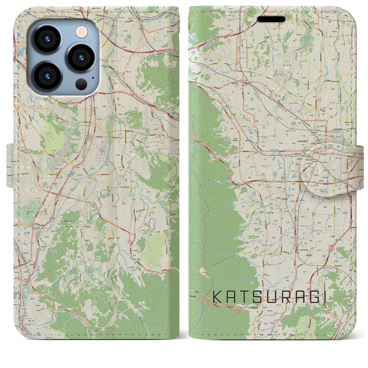 【葛城(奈良県)】地図柄iPhoneケース(手帳タイプ)ナチュラル・iPhone 13 Pro Max 用