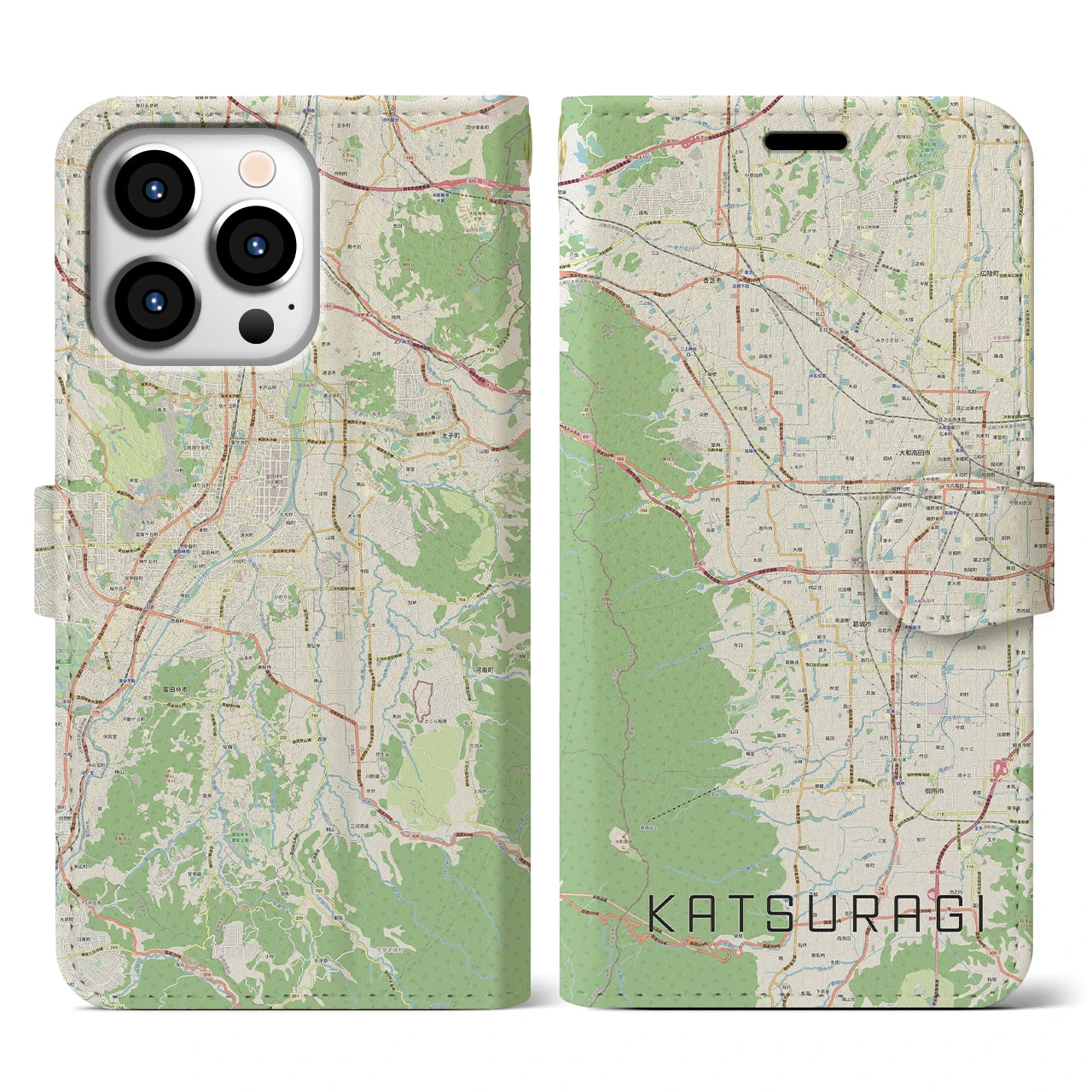 【葛城(奈良県)】地図柄iPhoneケース(手帳タイプ)ナチュラル・iPhone 13 Pro 用