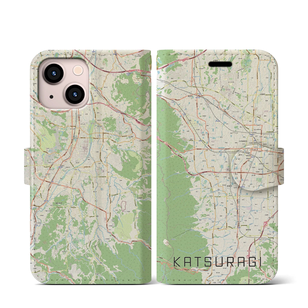 【葛城(奈良県)】地図柄iPhoneケース(手帳タイプ)ナチュラル・iPhone 13 mini 用
