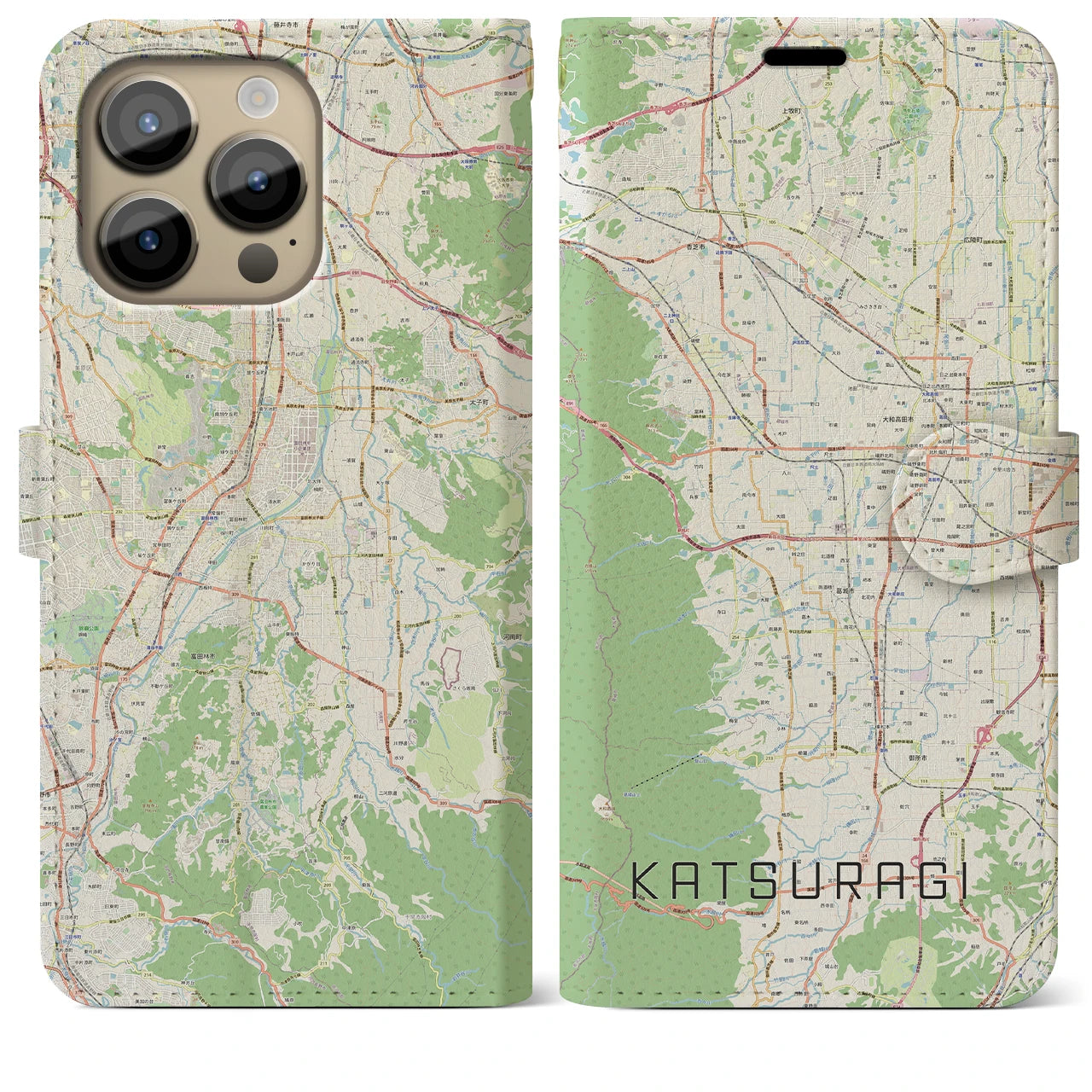 【葛城(奈良県)】地図柄iPhoneケース(手帳タイプ)ナチュラル・iPhone 14 Pro Max 用