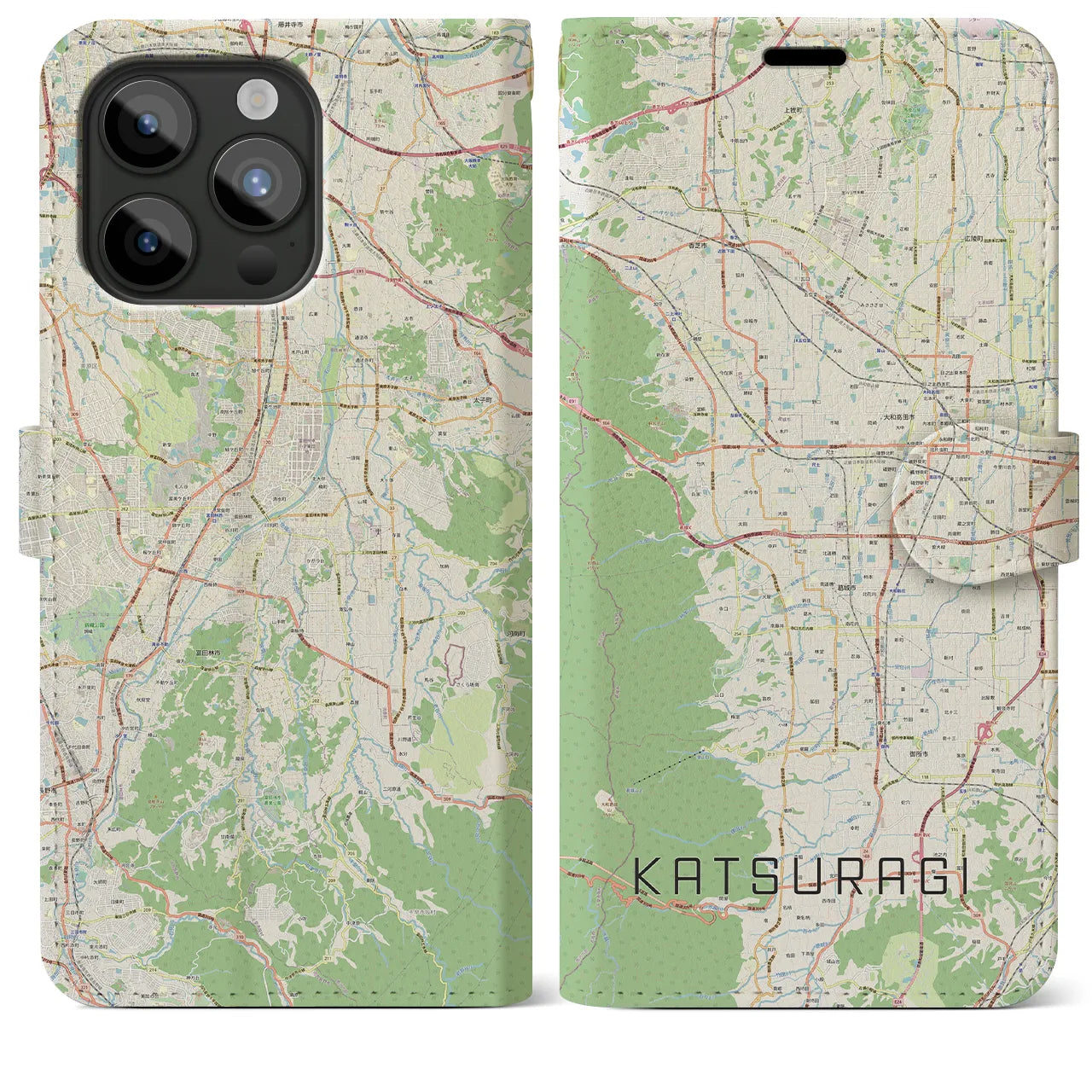 【葛城(奈良県)】地図柄iPhoneケース(手帳タイプ)ナチュラル・iPhone 15 Pro Max 用
