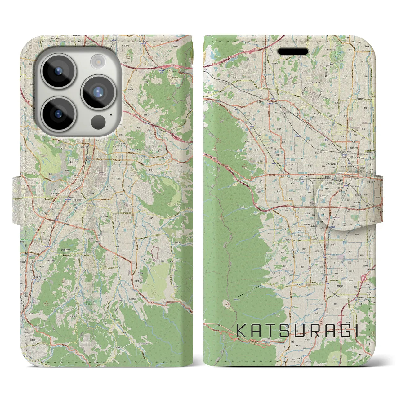 【葛城(奈良県)】地図柄iPhoneケース(手帳タイプ)ナチュラル・iPhone 15 Pro 用