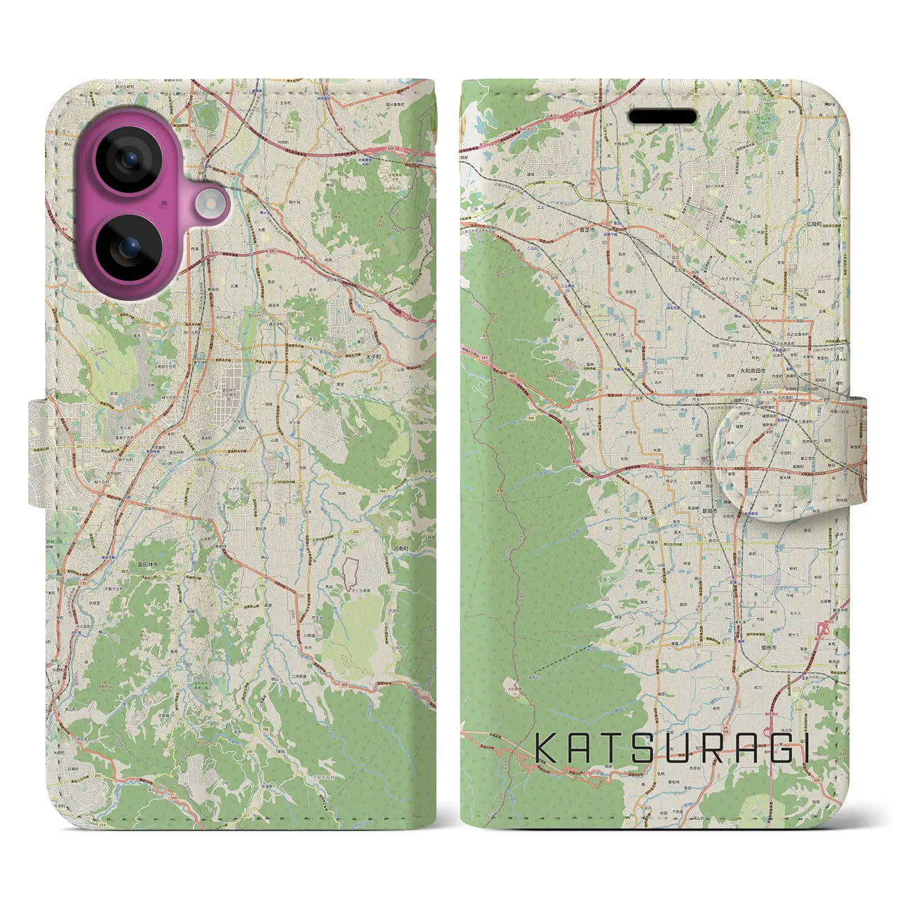【葛城(奈良県)】地図柄iPhoneケース(手帳タイプ)ナチュラル・iPhone 16 Pro 用