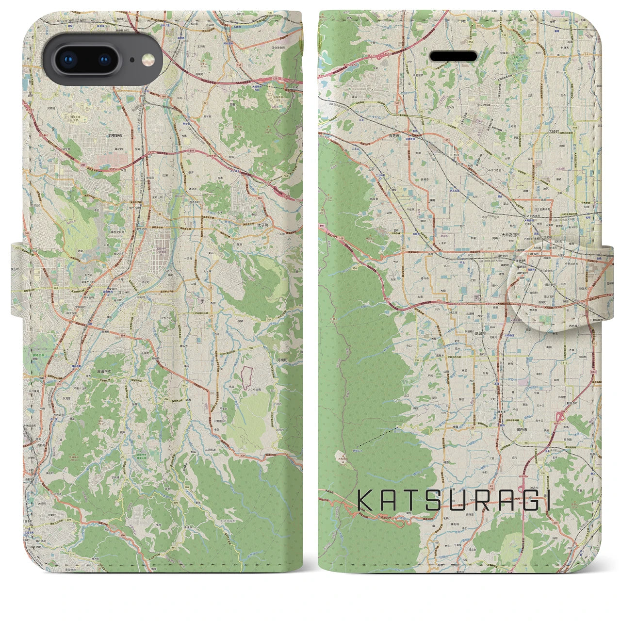 【葛城(奈良県)】地図柄iPhoneケース(手帳タイプ)ナチュラル・iPhone 8Plus /7Plus / 6sPlus / 6Plus 用
