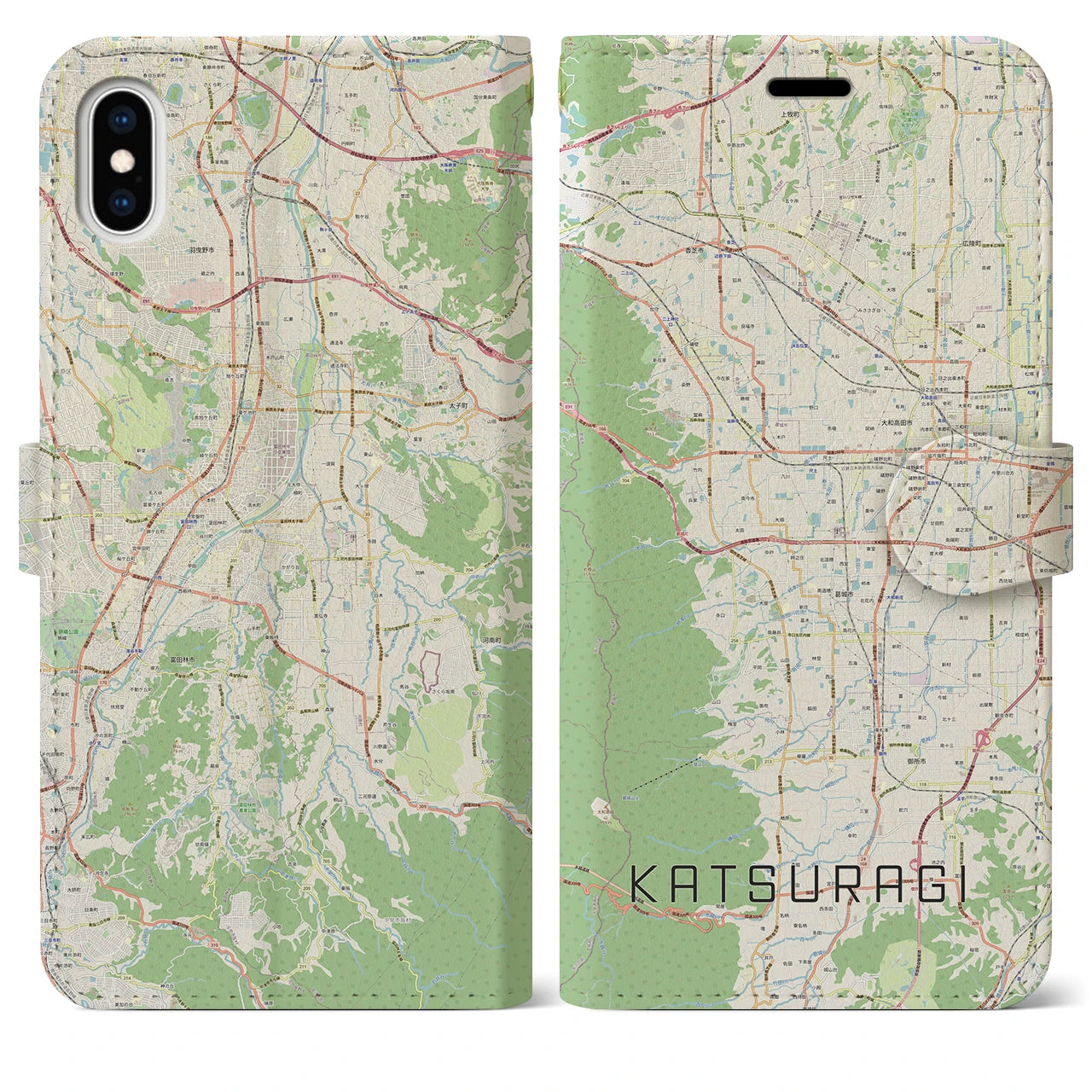 【葛城(奈良県)】地図柄iPhoneケース(手帳タイプ)ナチュラル・iPhone XS Max 用