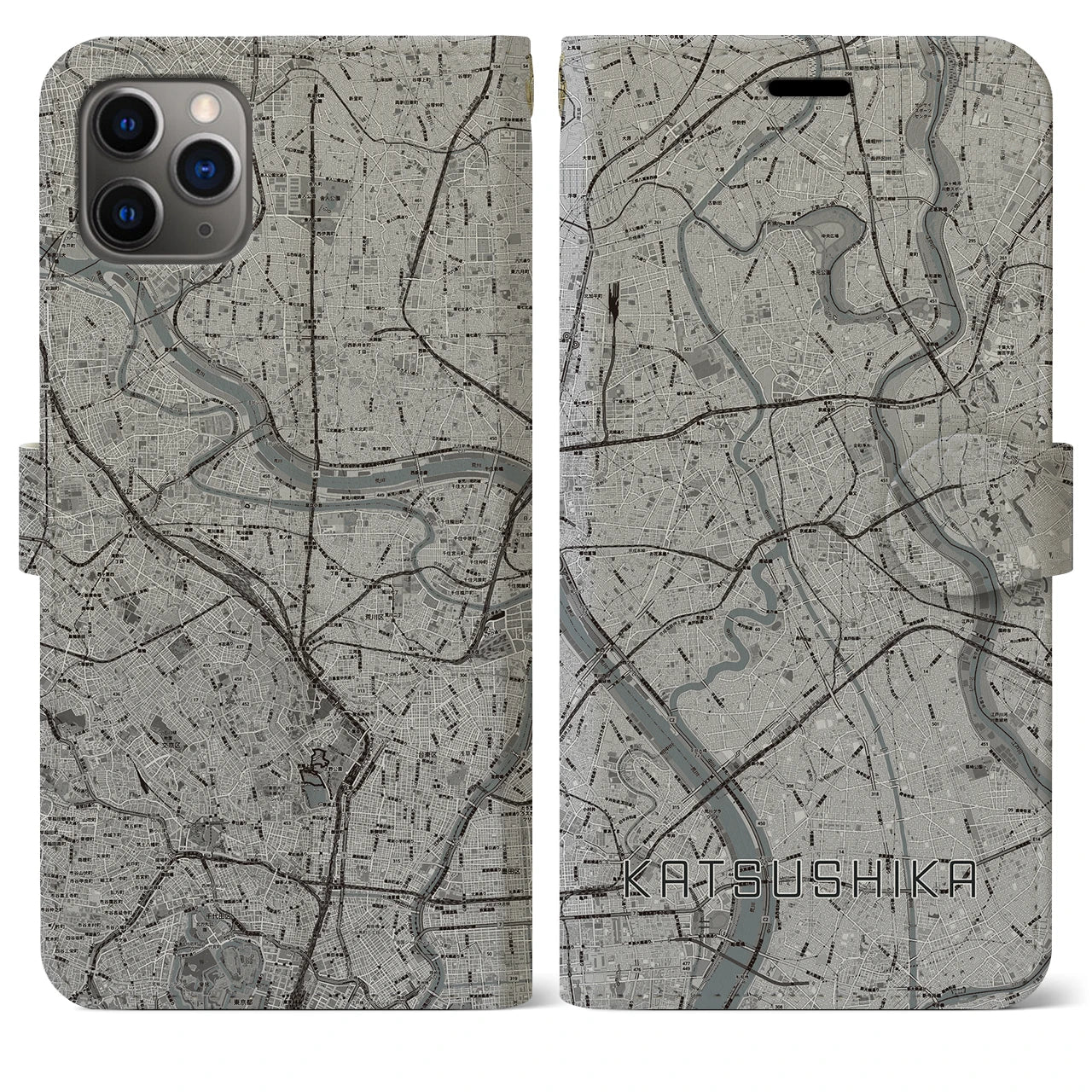 【葛飾(東京都)】地図柄iPhoneケース(手帳タイプ)モノトーン・iPhone 11 Pro Max 用