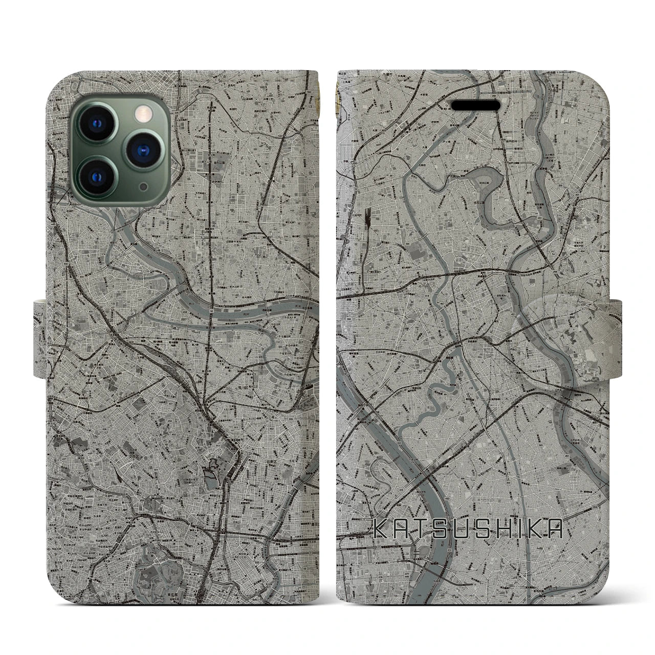 【葛飾(東京都)】地図柄iPhoneケース(手帳タイプ)モノトーン・iPhone 11 Pro 用