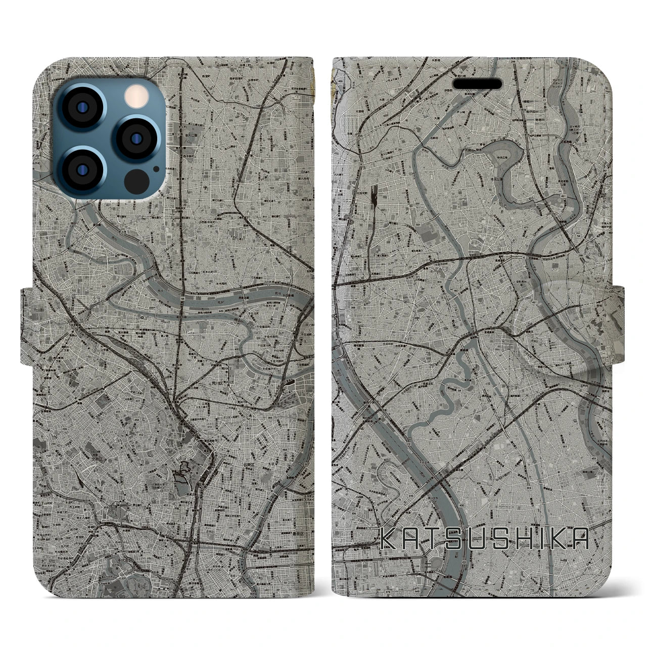 【葛飾(東京都)】地図柄iPhoneケース(手帳タイプ)モノトーン・iPhone 12 / 12 Pro 用