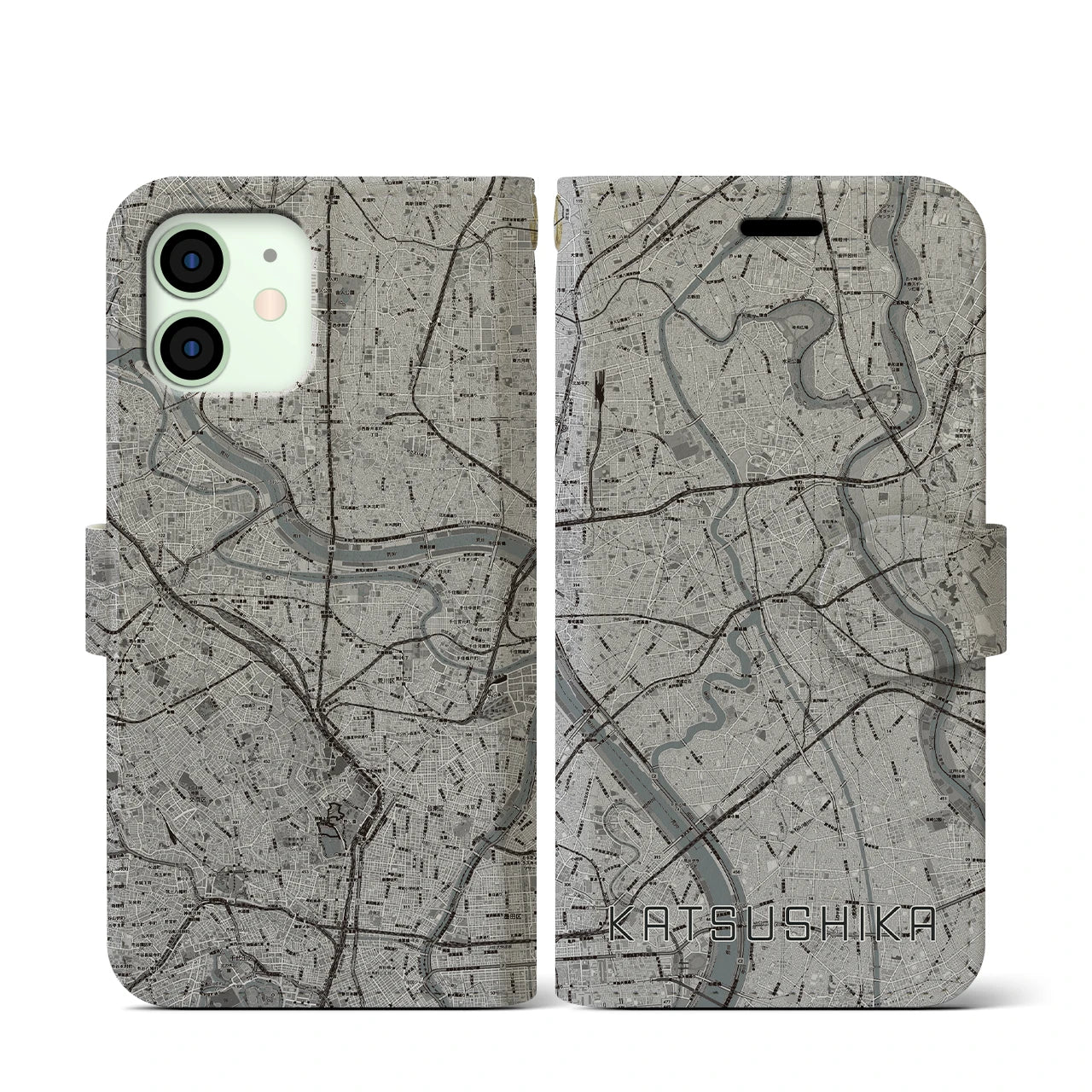 【葛飾(東京都)】地図柄iPhoneケース(手帳タイプ)モノトーン・iPhone 12 mini 用