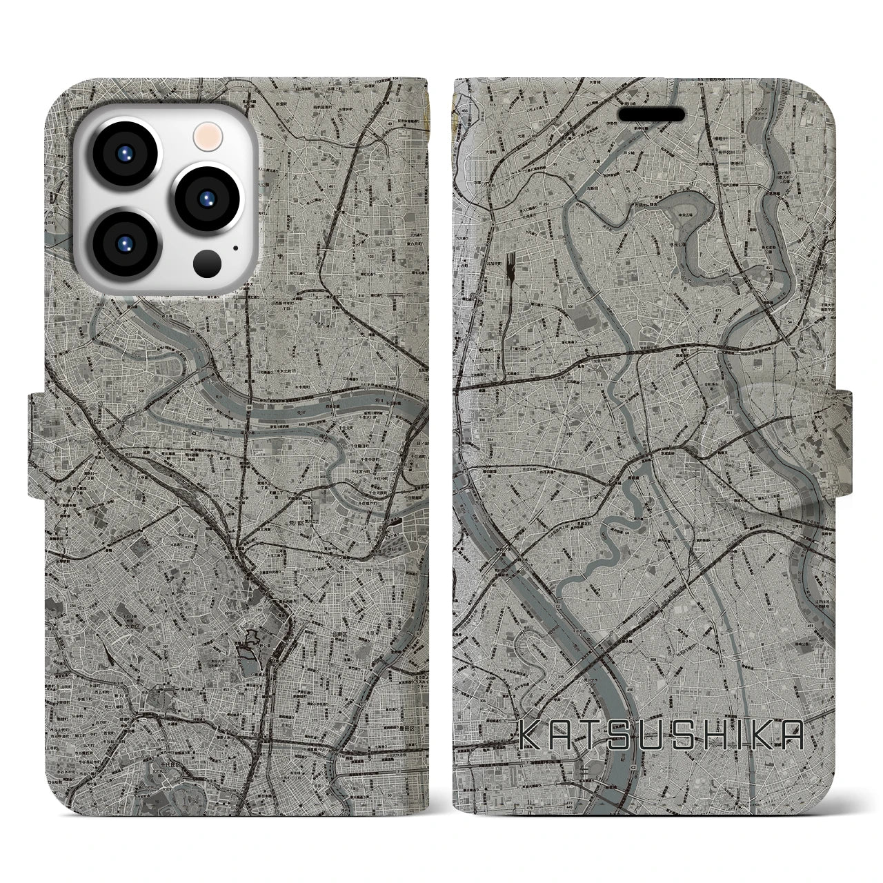 【葛飾(東京都)】地図柄iPhoneケース(手帳タイプ)モノトーン・iPhone 13 Pro 用