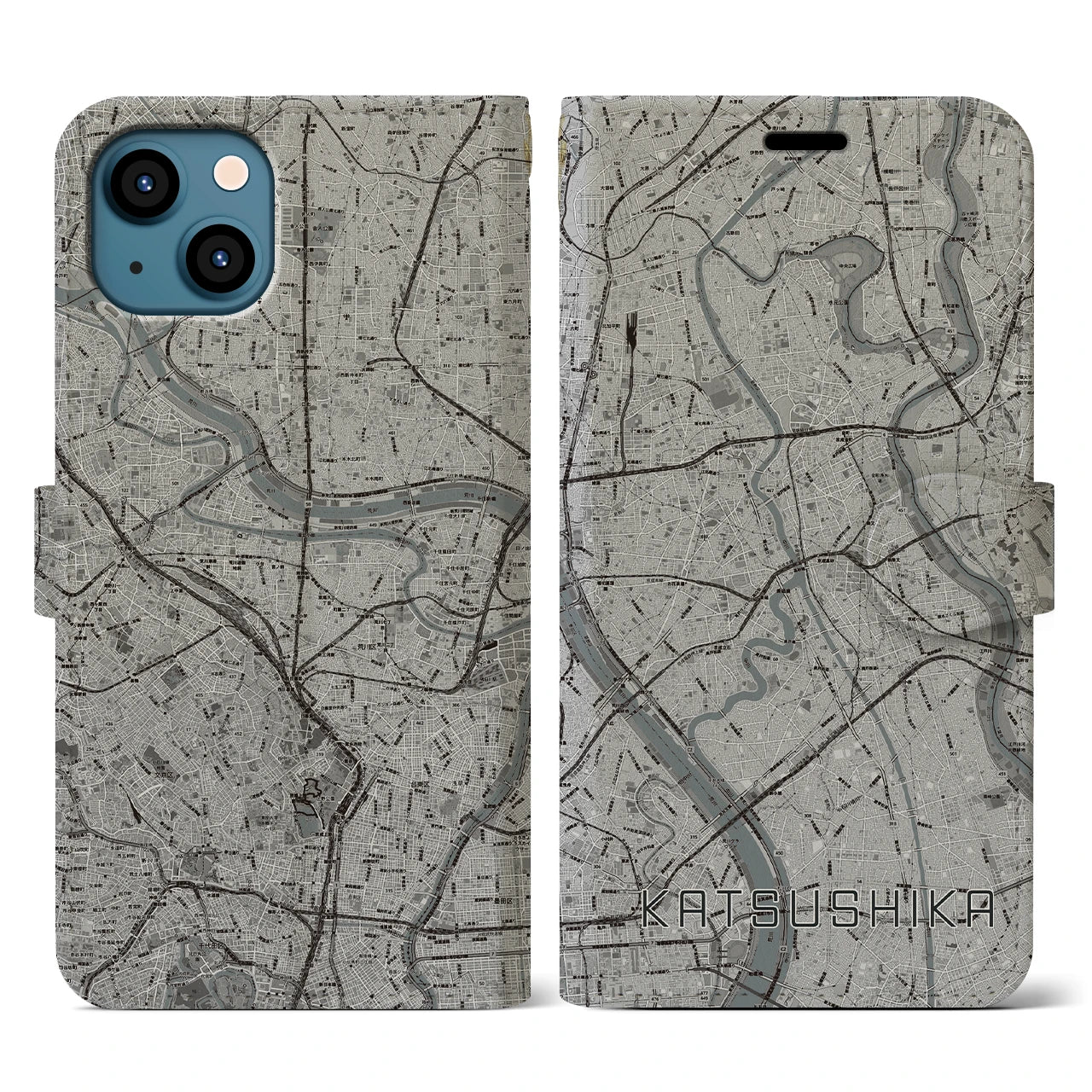 【葛飾(東京都)】地図柄iPhoneケース(手帳タイプ)モノトーン・iPhone 13 用