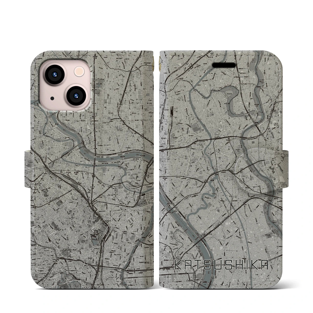 【葛飾(東京都)】地図柄iPhoneケース(手帳タイプ)モノトーン・iPhone 13 mini 用