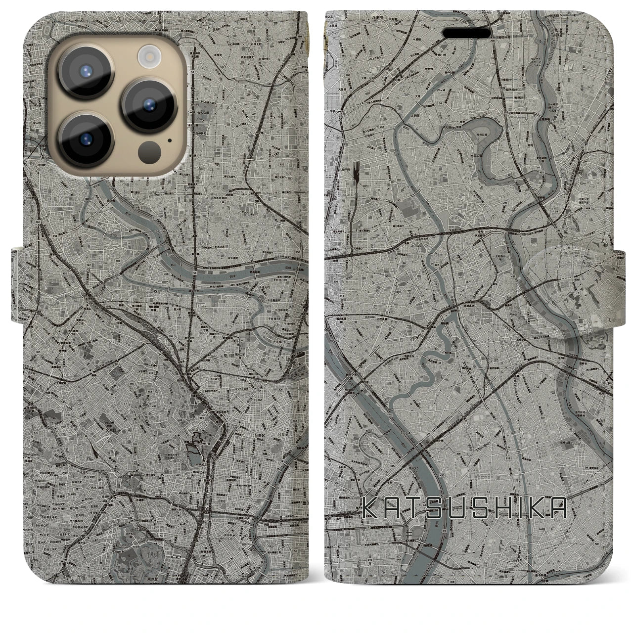 【葛飾(東京都)】地図柄iPhoneケース(手帳タイプ)モノトーン・iPhone 14 Pro Max 用